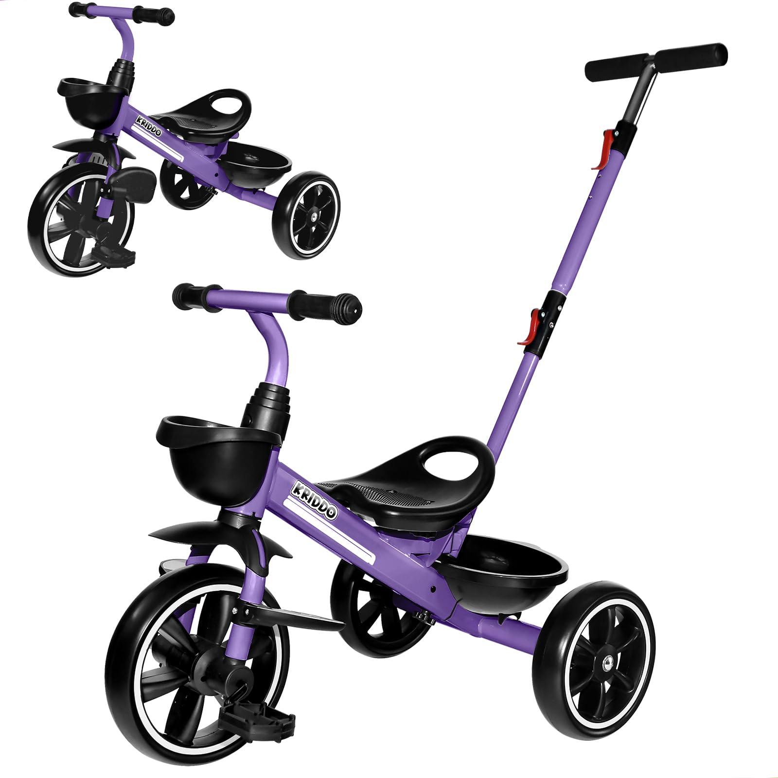 KRIDDO KRIDDO 2-in-1 Toddler Tricycle for Ages 18 Months to 5 Years Old - Extended Push Handle for Effortless Push, Gift Trike for Toddler 3 to 5 Year, Kids Tricycle with Foldable Front Footrest, Purple
