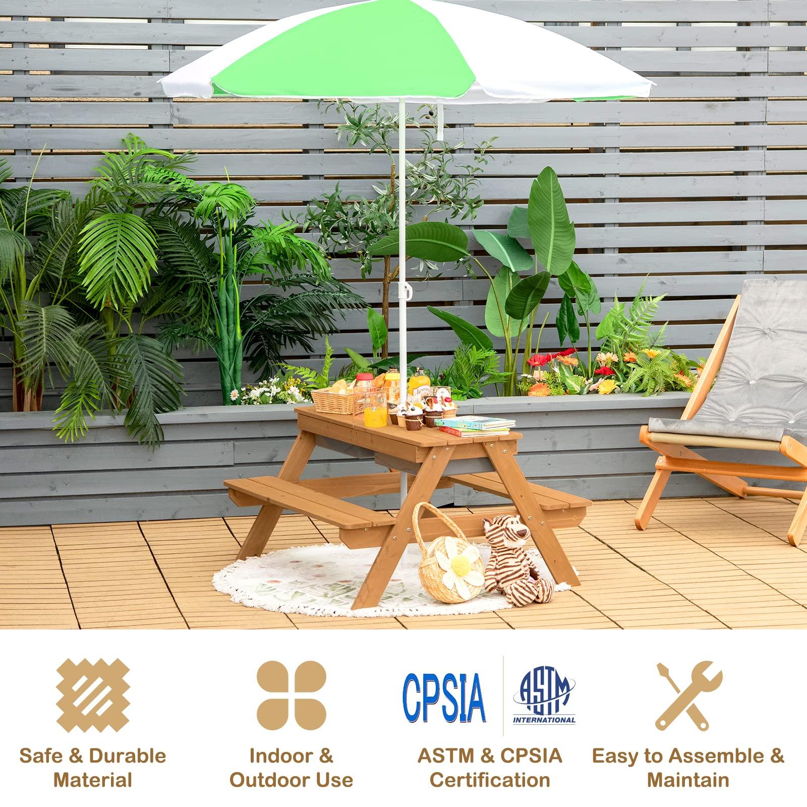 Costzon Costzon Kids Picnic Table, 3 in 1 Sand & Water Table w/Height Adjustable Umbrella, Removable Tabletop, Children Outdoor Toy Playset w/2 Play Boxes, Wooden Convertible Activity Play Table