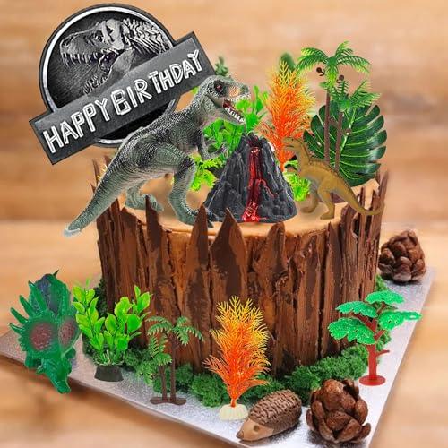 DRWATE 19 PCS Dinosaur Cake Toppers With Dinosaur Eggs Leaves Trees Cake Decorations For Birthday Party Dinosaur Themed Party Wild Animals Party Kids Party Cake Decorationstype1