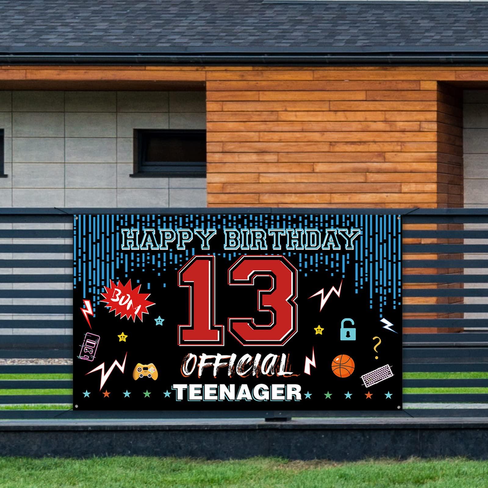 PHXEY Official Teenager 13th Birthday Door Backdrop Banner, Happy 13th Birthday Decorations for Boys Girls, Red Blue 13 Year Old Birthday Party Yard Sign Photo Booth Props Supplies, Fabric, PHXEY