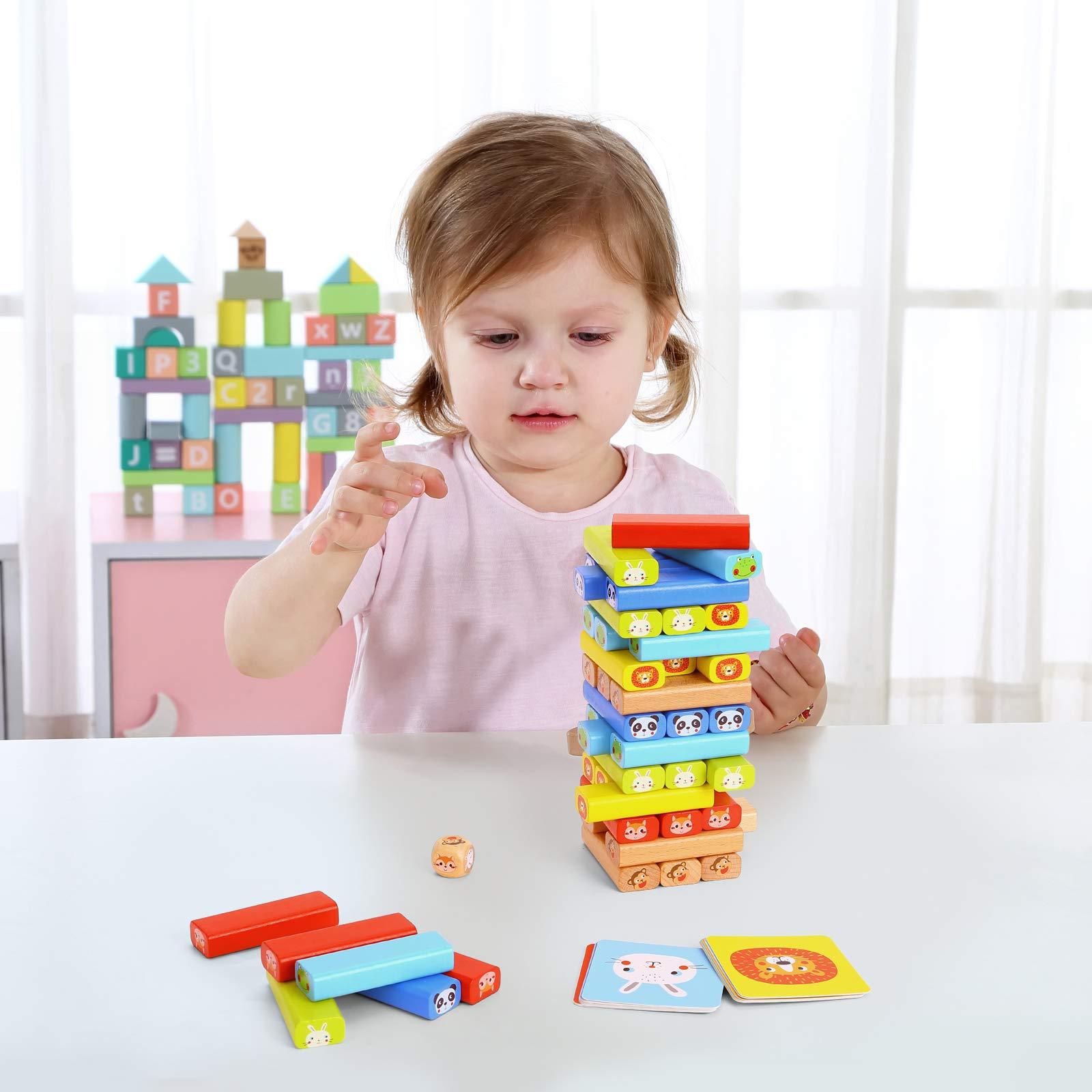 TOOKYLAND TOOKYLAND Colored Wooden Blocks Stacking Board Games Tumble Tower Games with Animal Pictures for Kids Boys Girls - 80 Pieces