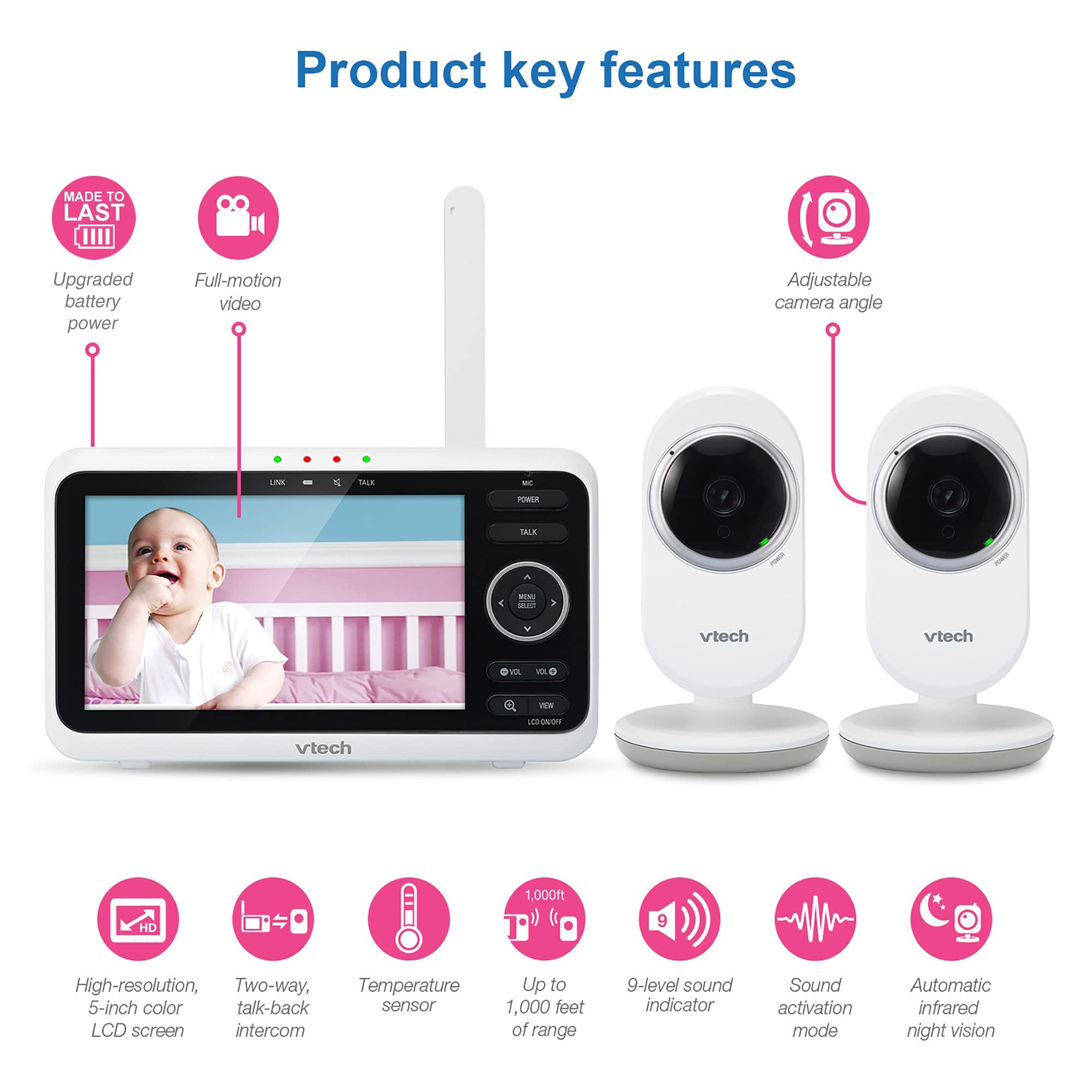 VTech VTech [Upgraded] VM350-2 Baby Monitor, 5" Screen,2 Cameras,1000ft Range, Night Vision, 2-Way Audio, Lullabies, Secure Transmission No WiFi