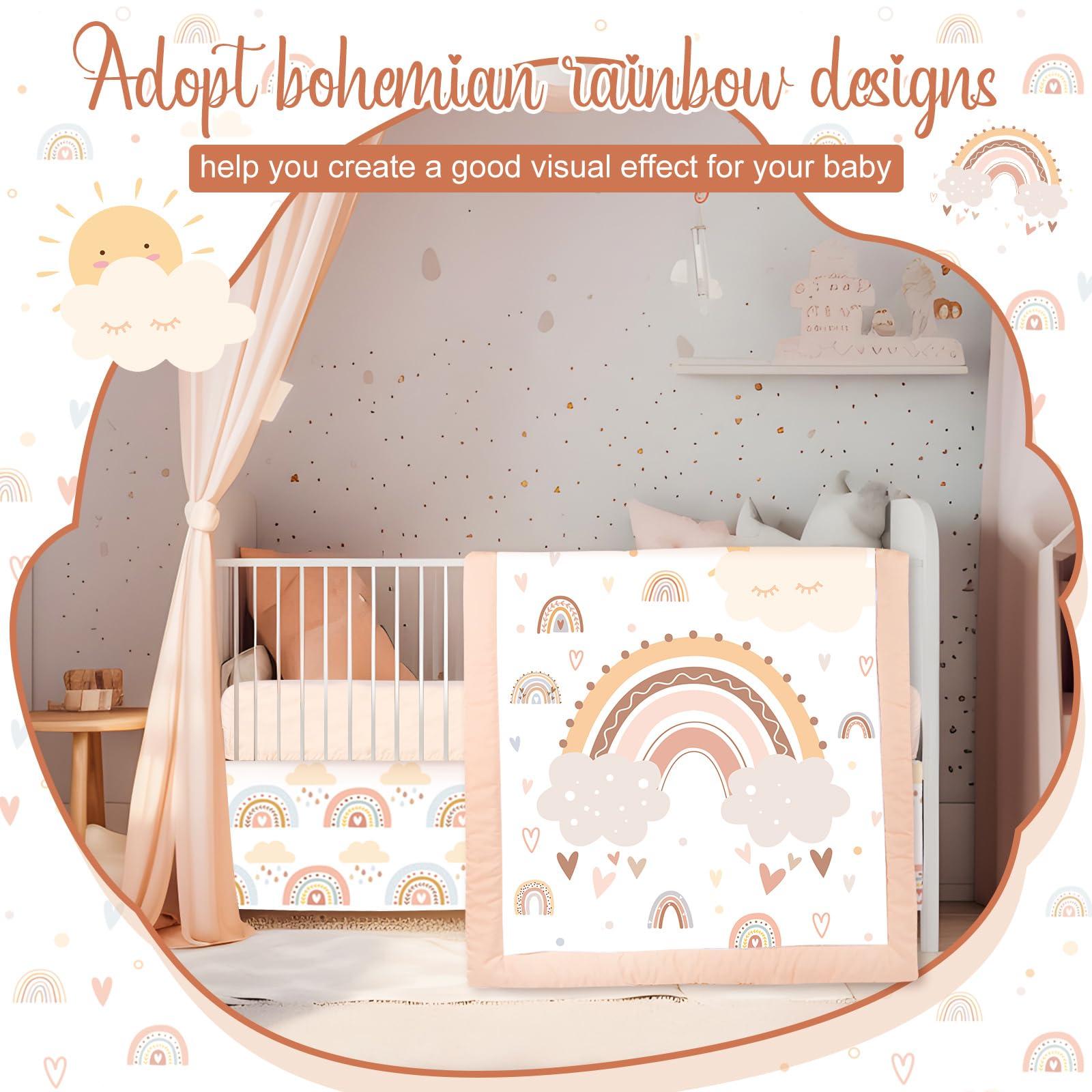 Hahafelt Hahafelt 4 Pieces Rainbow Boho Crib Bedding Set for Girls and Boys, Bohemian Soft Baby Bedding Set Including Crib Skirt, Comforter, Crib Sheet and Diaper Stacker for Nursery