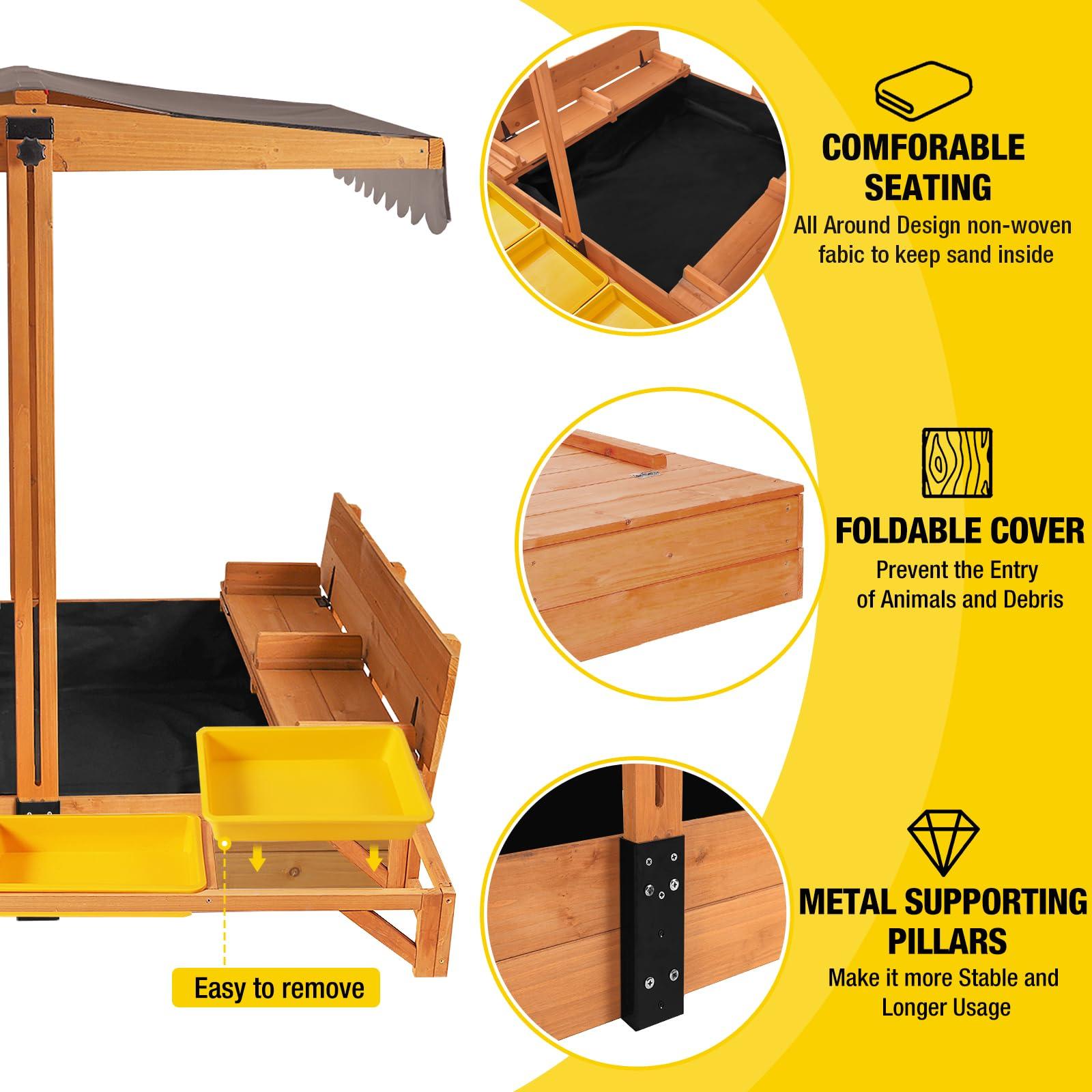 Aivituvin Wooden Sandbox with Cover | Large Sandpit for Kids Outdoor with Adjustable Canopy Backyard Play | w/Movable Toy Bins