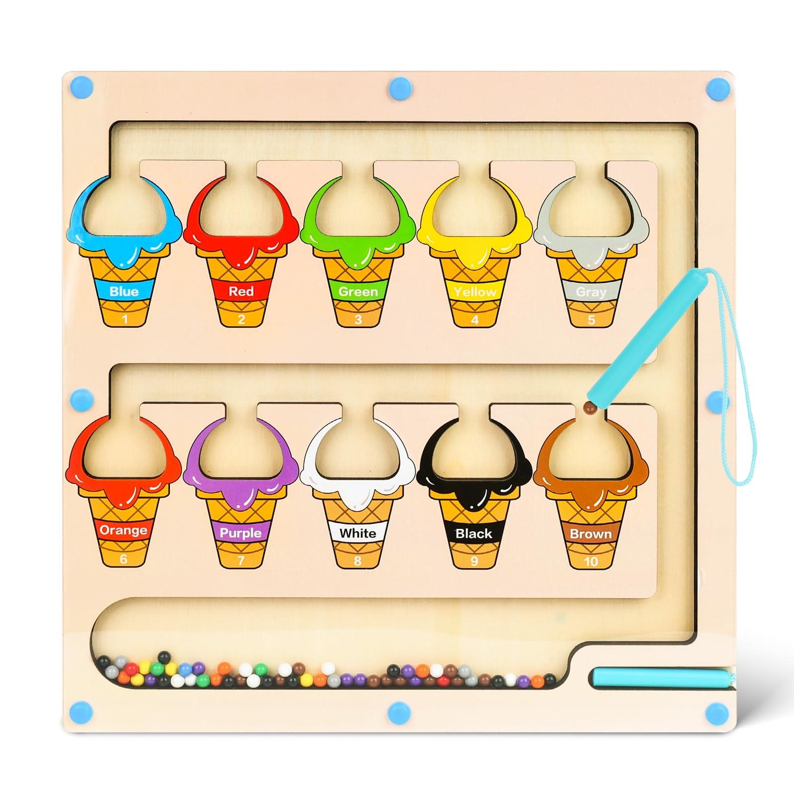 LovesTown LovesTown Magnetic Color and Number Maze, Montessori Wooden Color Matching Learning Counting Puzzle Board for Toddler Kids Magnetic Ice Cream Toy