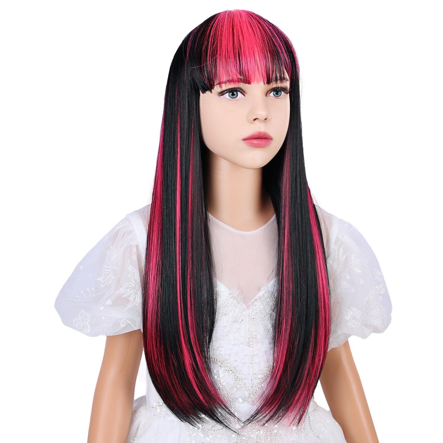 WAVELNM Kids Black and Pink Wig with Bangs Girls Black Wig with Pink Highlight Black Mixed Hot Pink Wig for Kids Child Black Long Straight Wig Kids Cosplay Wig Synthetic Wigs with