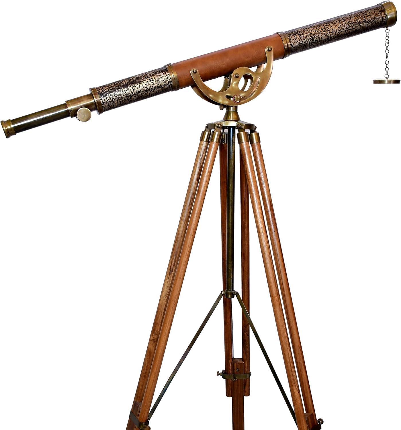 Antiqueex Single Barrel Antique Brass Telescope Beautiful Wooden Floor Standing Tripod Maritime Spyglass Brown Leather