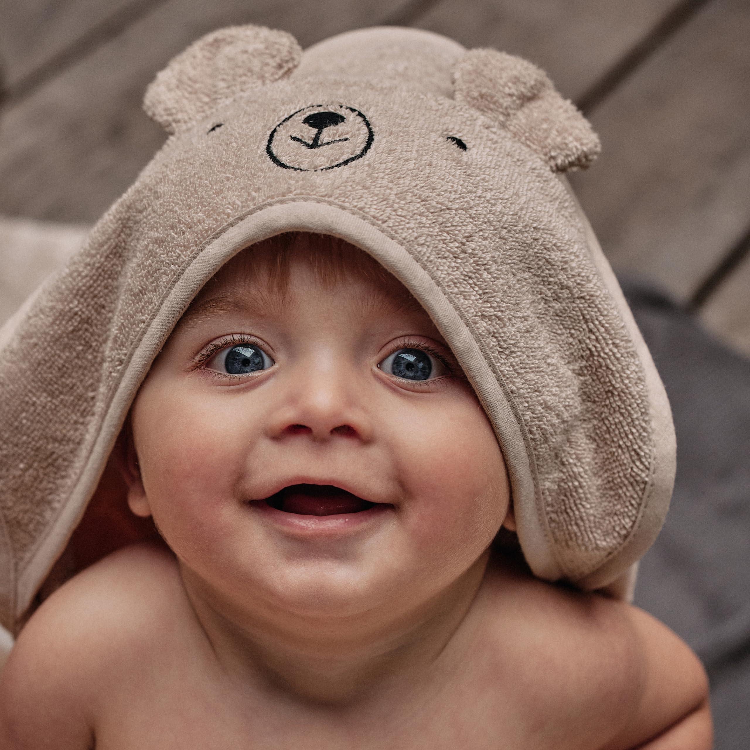 Huxie Baby Hooded Towel Organic Cotton Baby Bath Towels, 32" x 32" Super-Soft and Absorbent Baby Towels for Newborn 2-Pack (Rabbit Blush/Bear Fog)