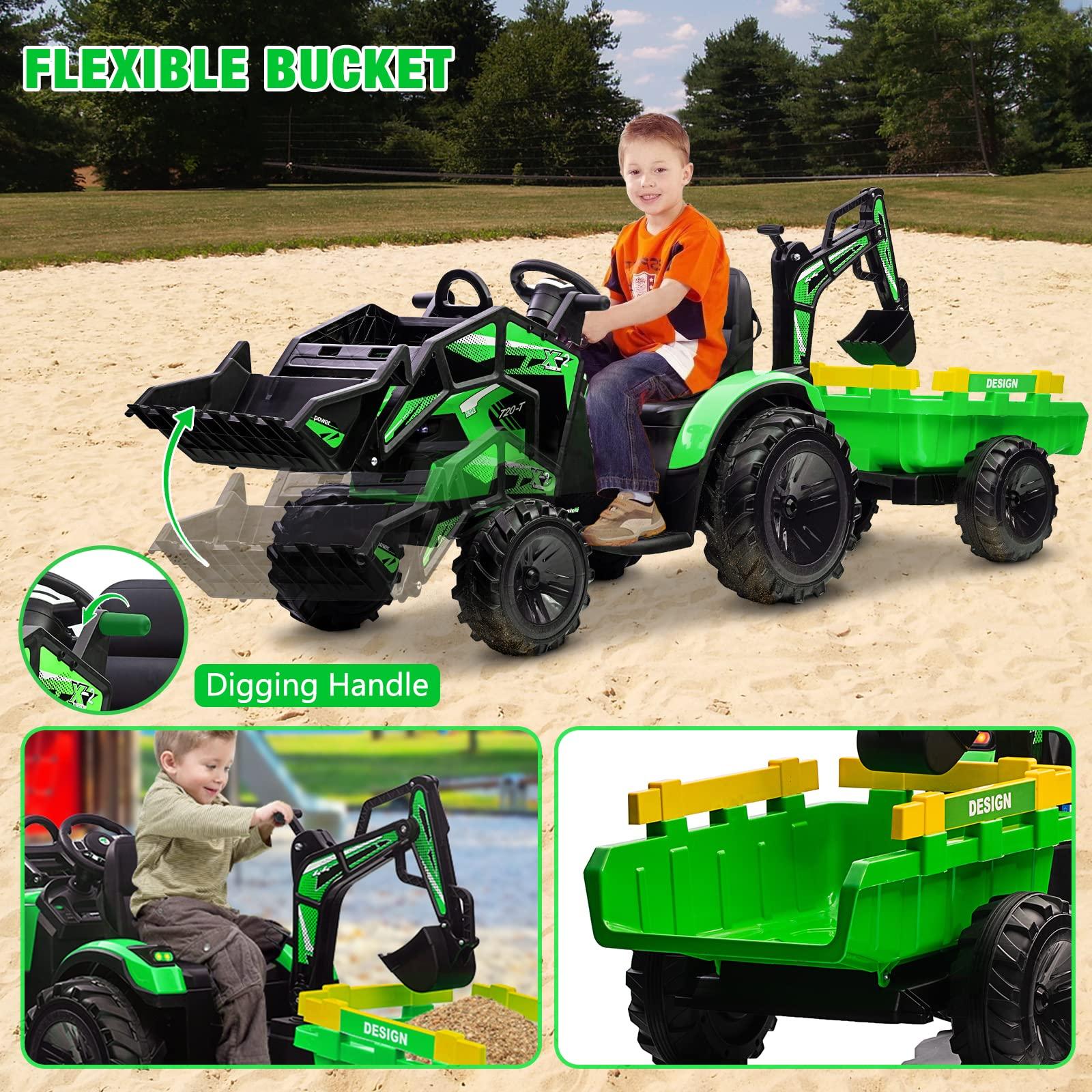 Hetoy 24V 3 in 1 Kids Ride on Tractor, Excavator & Bulldozer, Electric Vehicle w/Trailer, Digger, Shovel Bucket, Remote Control, EVA Tires, LED Lights, Music & USB, Ride on Car Toy, Green