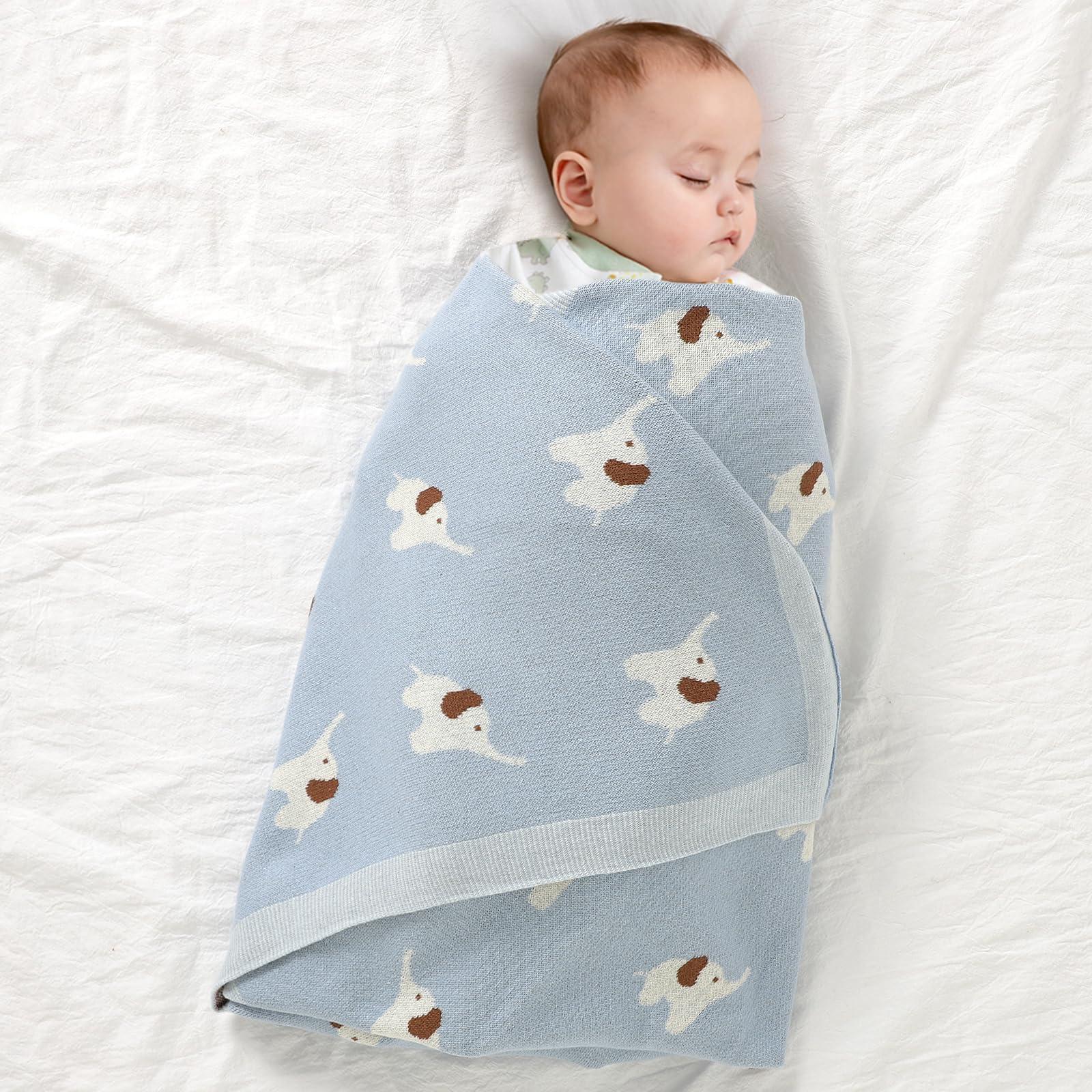 Hadetoto Hadetoto 100% Cotton Baby Blanket Knit Soft Cozy Swaddle Receiving Blankets Toddler Infant Blanket with Lovely Elephant for Newborn Boy Girls - Light Blue, 90 x 70cm