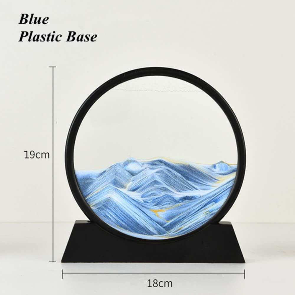 PTGMH PTGMH Liquid Motion Sandscape Picture Flowing Sand Art with Solid Wood Base Perpetual Motion Desktop Moving Sand Art Decor Therapy Office Decor Gifts with Packing Box (Blue with Plastic Base (7\"))