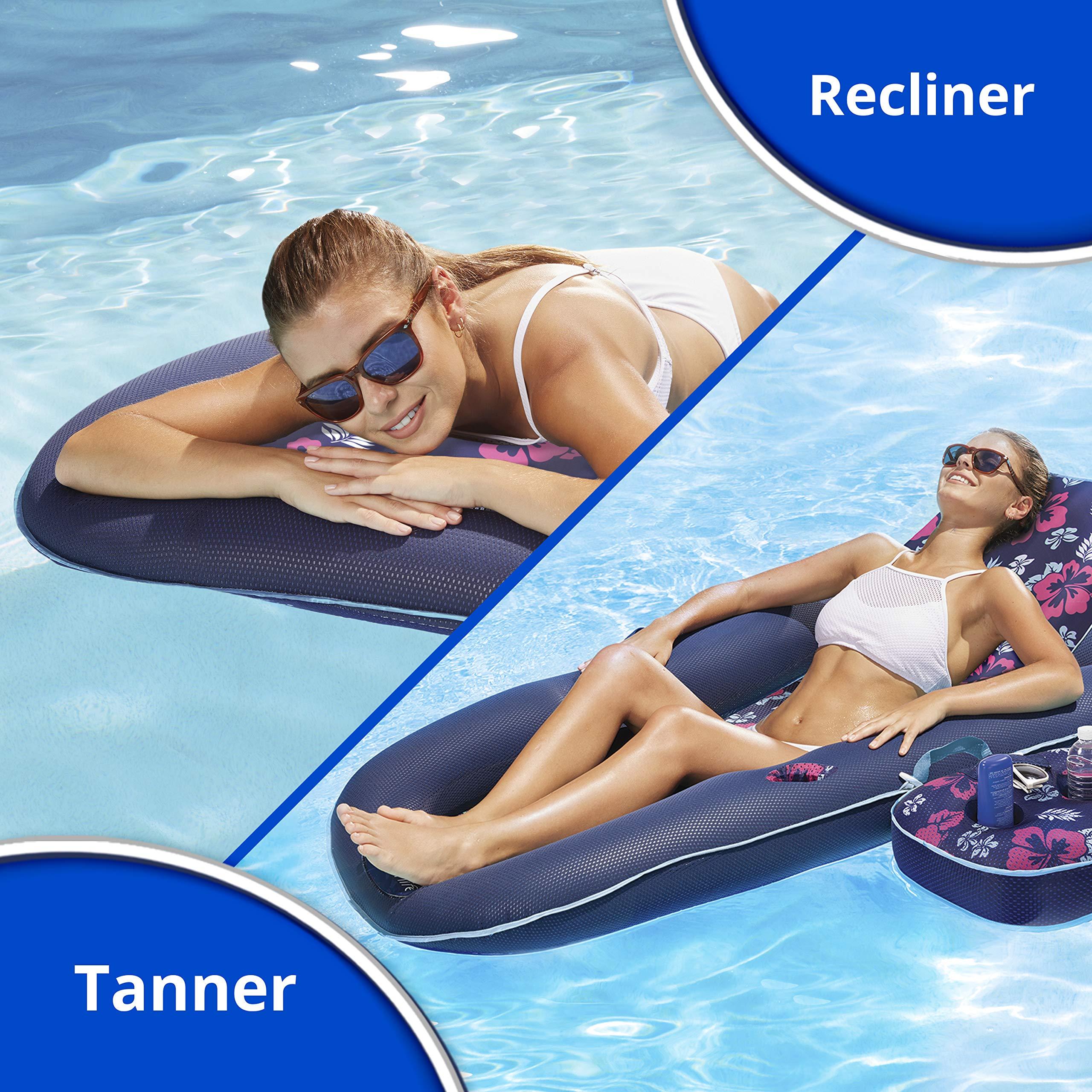 Aqua LEISURE Aqua Campania Ultimate 2-in-1 Pool Float Lounge Extra Large Inflatable Pool Floats for Adults with Adjustable Backrest & Cupholder Caddy Teal Hibiscus