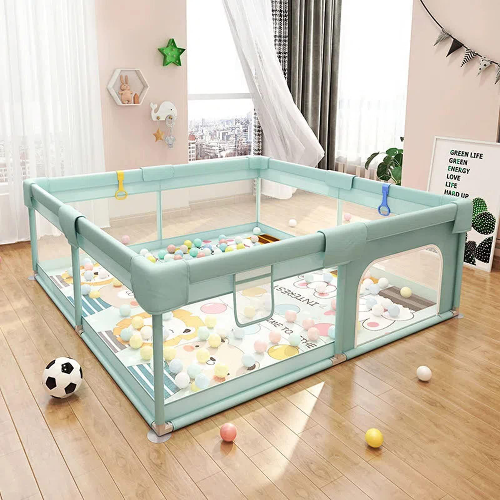 Jolan Baby Playpen with Mat,Portable Kids Indoor Outdoor Activity Center Playpen,Baby Fence with Breathable Mesh and Anti-slip Suction Cup,Safety Playard Fence,Crawling Playpen,Green-120180cm