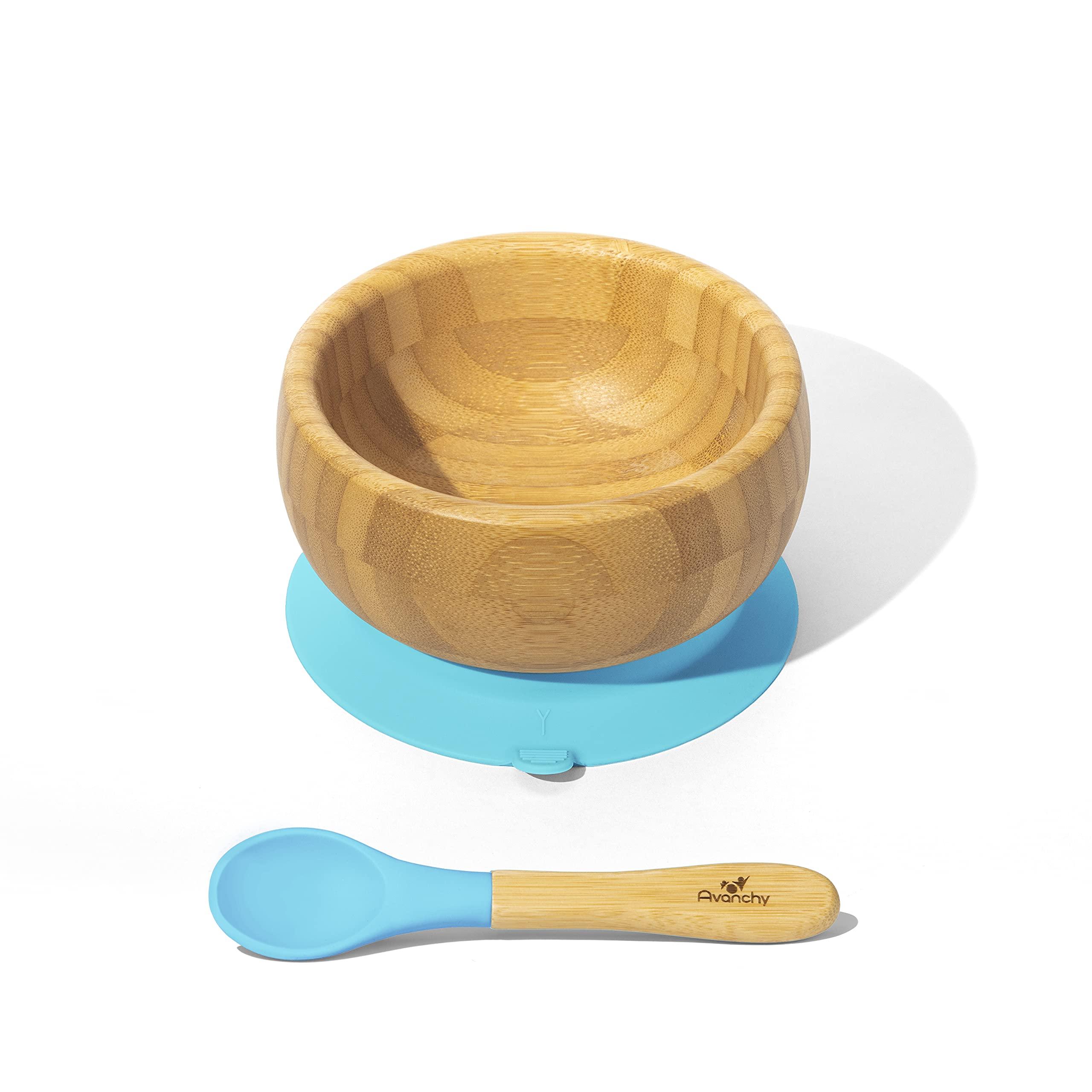 Avanchy Avanchy Bamboo Baby Bowl with Spoon and Removable Silicone Suction Base Non-Toxic, BPA-Free Feeding Bowl for Babies and Toddlers Natural Bamboo Suction Bowl, Blue