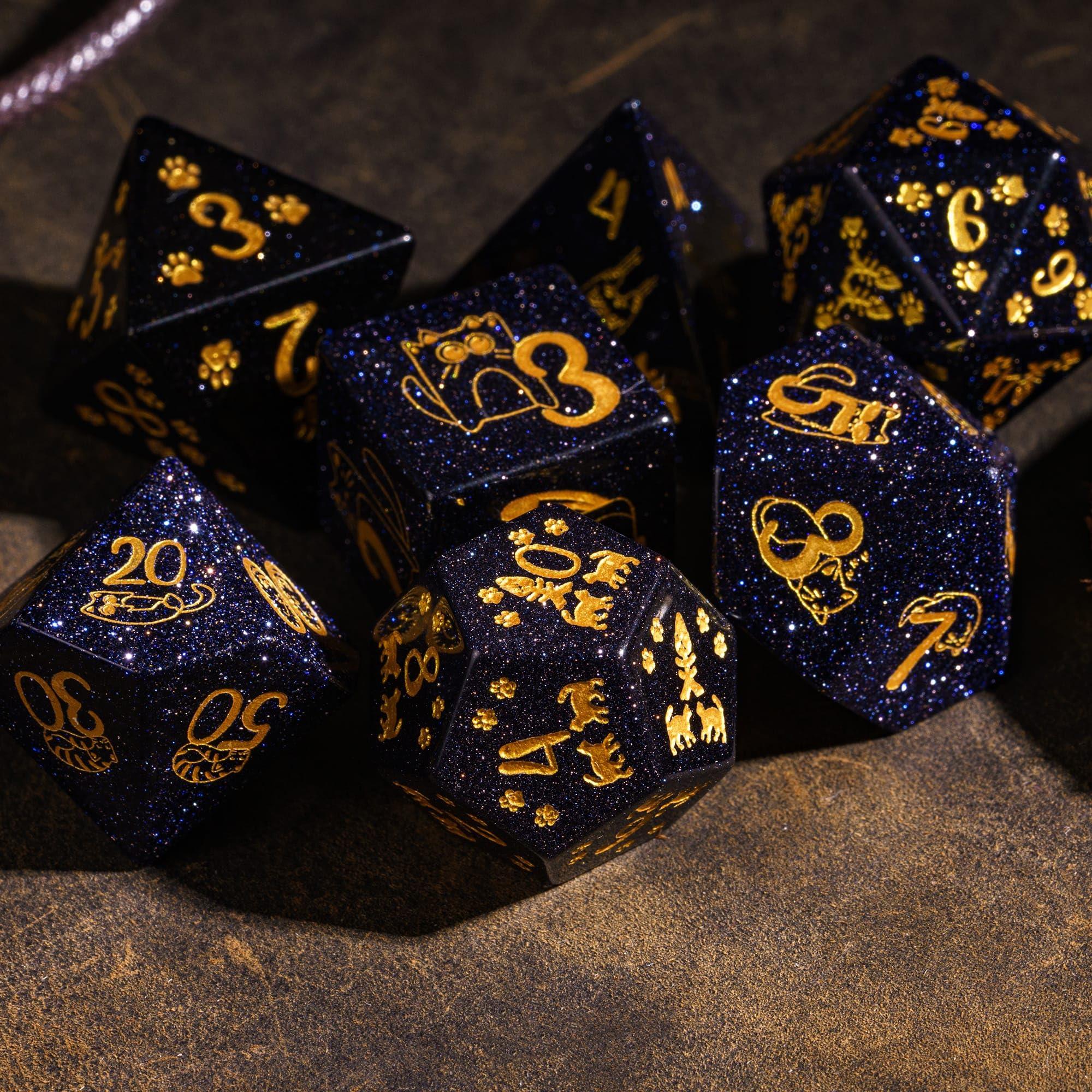 UDIXI UDIXI Gemstone DND Dice Set Blue Sandstone Dice with Cute Cat Pattern, Stone Dice for Dungeons and Dragons Tabletop Game