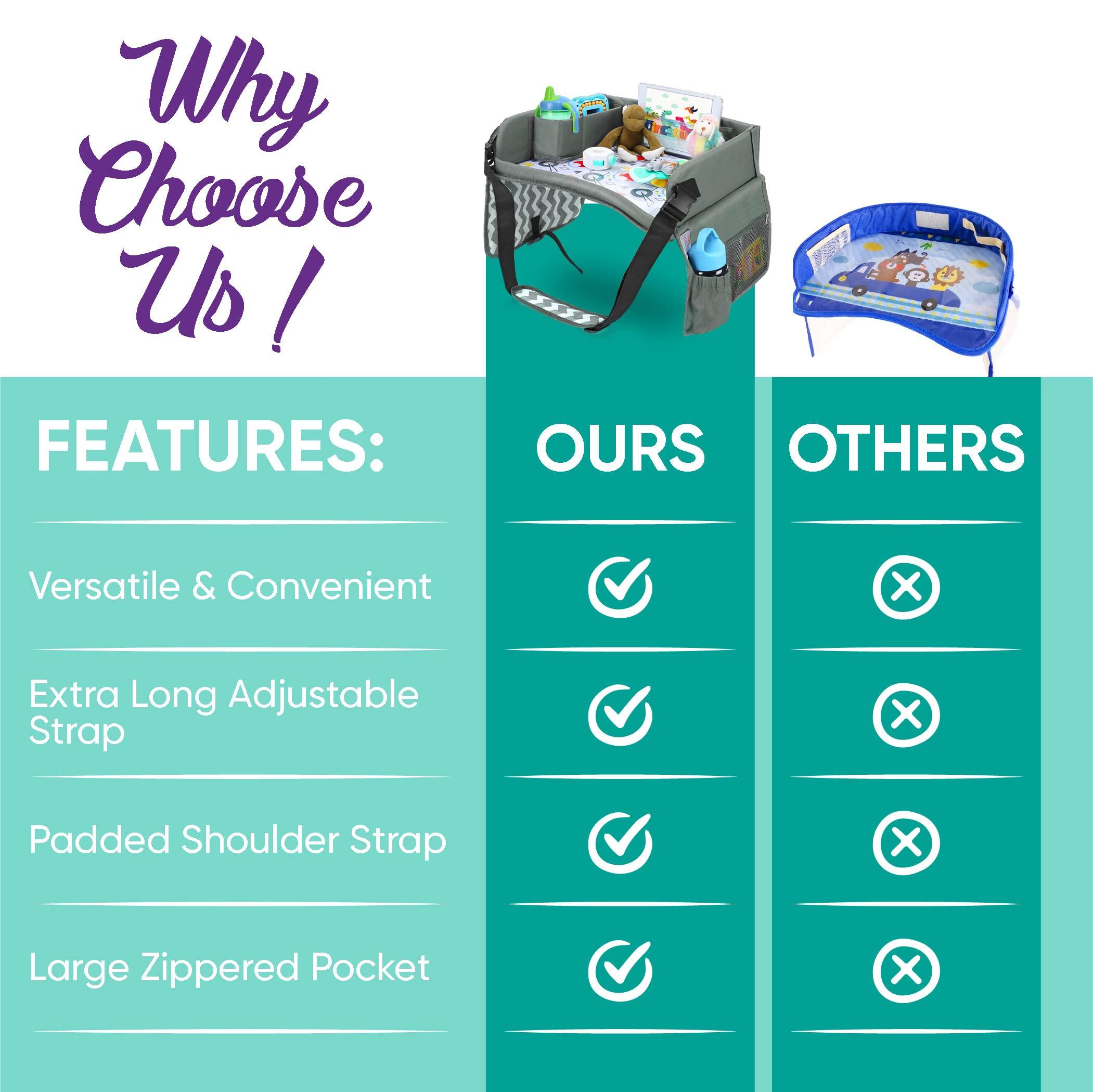 L T G LIL TOTS GEAR Kids Travel Tray - Car Seat Tray or Table as Road Trip Essentials Children Kids Lap Desk as Travel Accessories for Toddler Airplane Travel Activity, Snack with Storage Pockets & Dry Erase Board