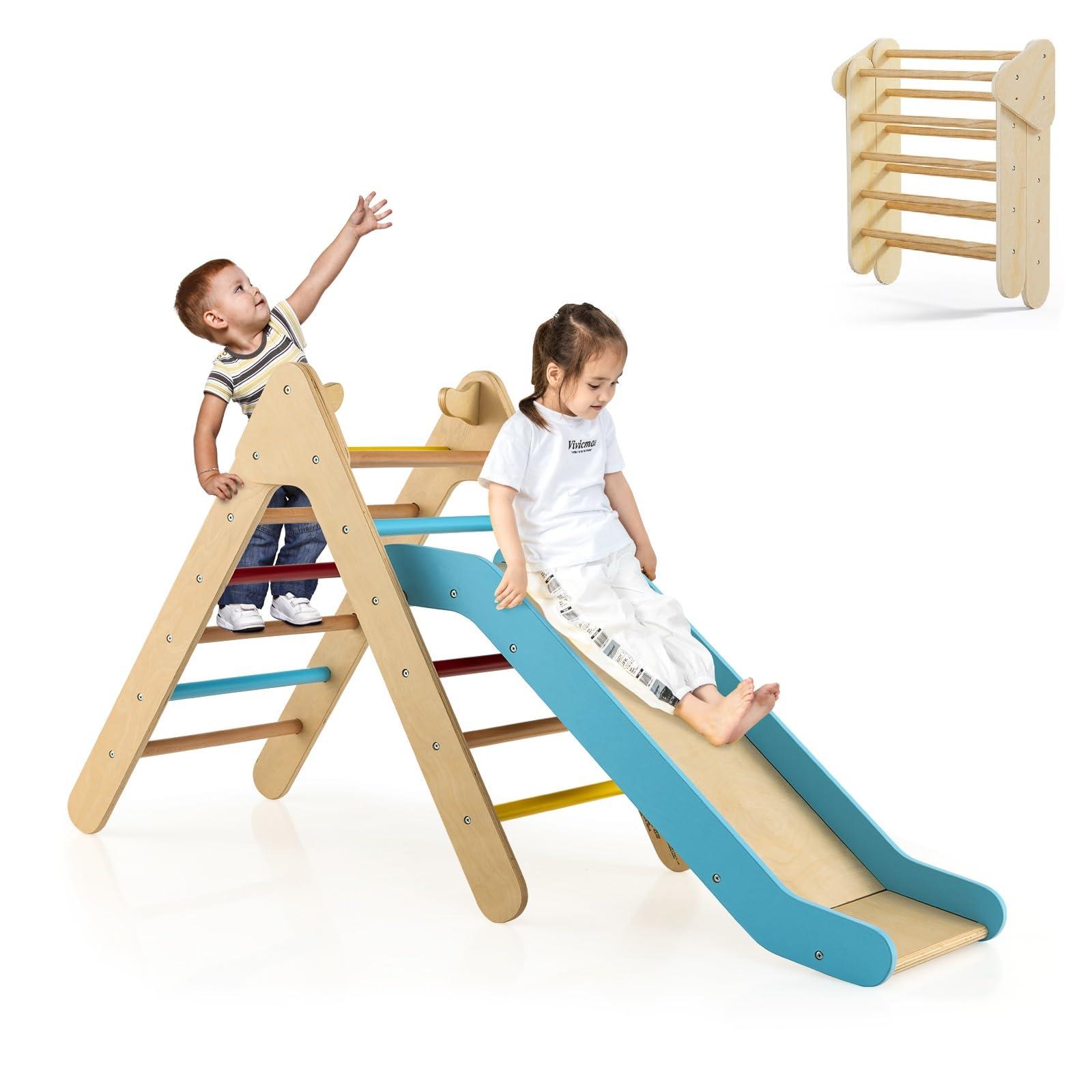 Olakids OLAKIDS Pikler Triangle Set 2 in 1 Climbing Toys for Toddlers Foldable Wood Montessori Baby Jungle Gym with Ladder Ramp Slide Kids Indoor Playground Activity Play Structure