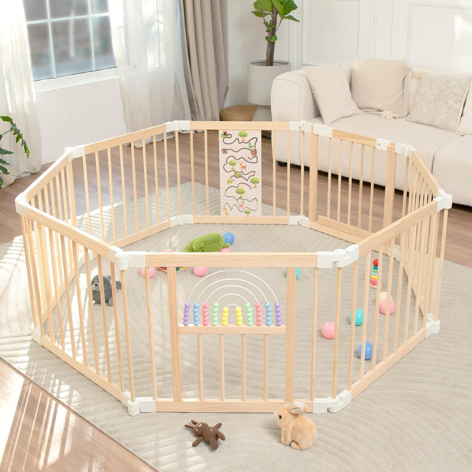 Ulnxiy Foldable Wooden playpen,Baby Playpen,playpen for Babies and Toddlers,Baby Activity Center with Baby Gate,Portable Large playpen with Adjustable Shape and Size,Baby Fence Play Area (56x56x24inches)