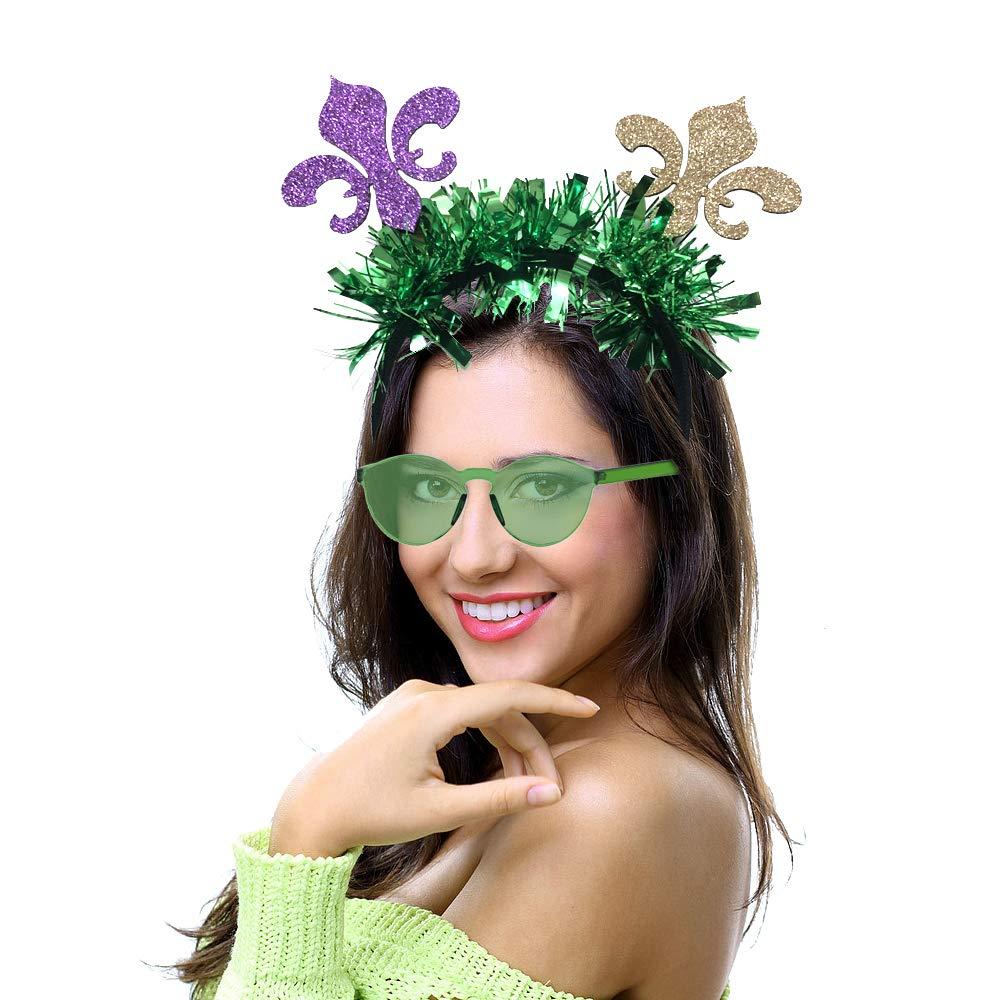 Holidaywoo Mardi Gras Accessory Set 2 Pieces Mardi Gras Headbands and 6 Pieces Mardi Gras Beads Necklaces and 2 Pair Mardi Gras Glasses