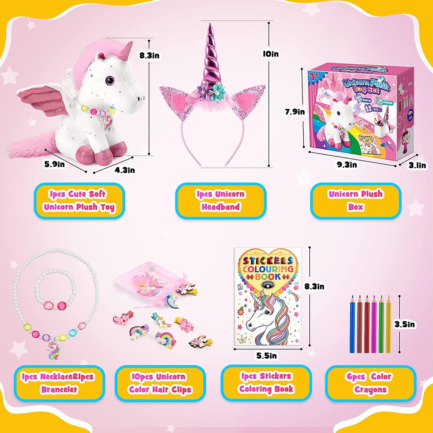 Toyze Unicorn Toys for Girls Ages 2-4 4-6 5-7 with Unicorn Stuffed Animal DIY Coloring Book for Kids Toddler,Cute Girl Toys with Unicorn Headband Jewelry Hair Clip,Fun Baby Girl Gifts for Birthday Christmas