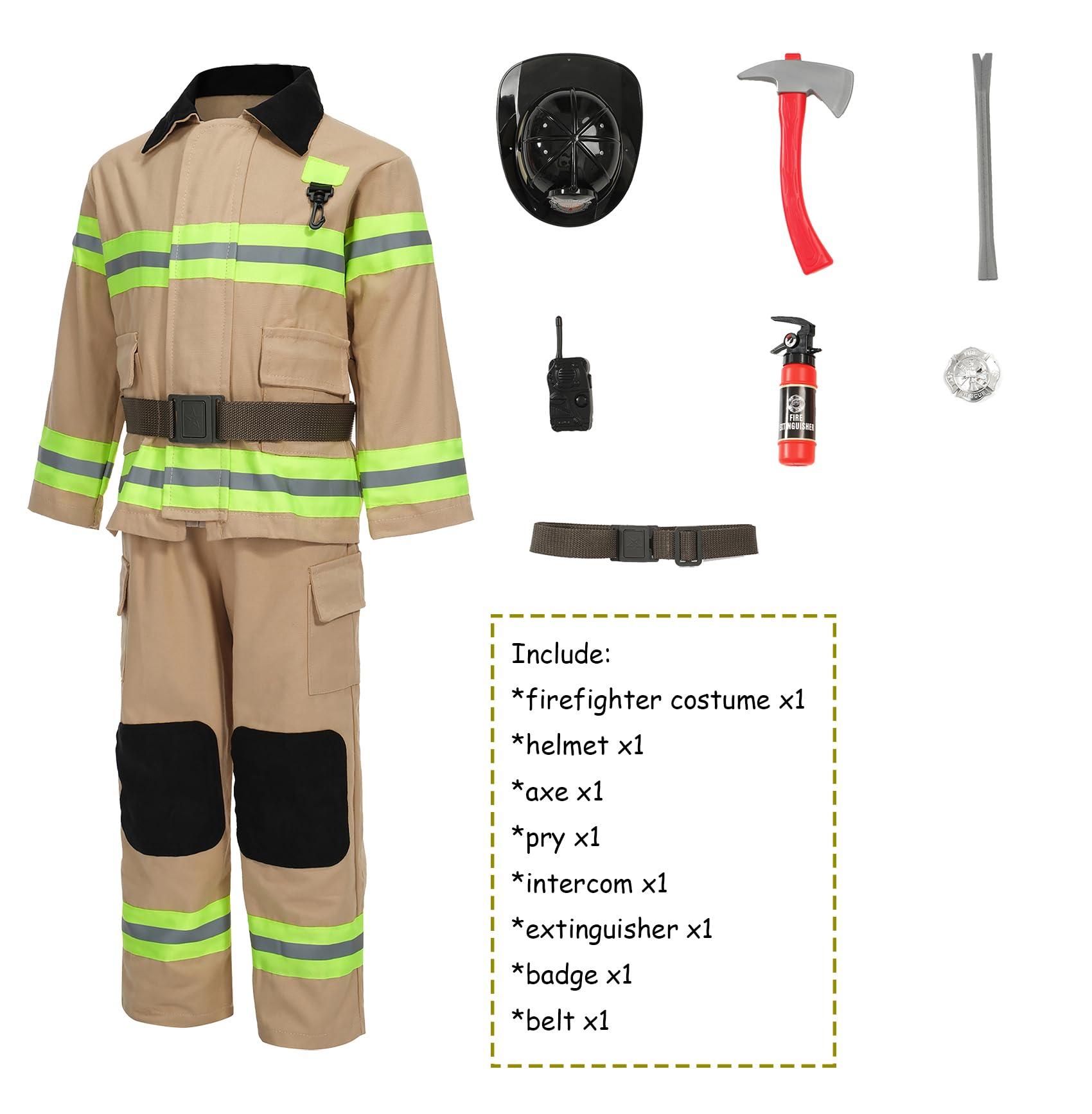 Kosgraiy Kosgraiy Firefighter Costume for Kids,Tan Fireman Costume for Boy and Girl,Kds Fire Chief Costume Outfit,Halloween,9pcs,Size S for Children 3-4Years