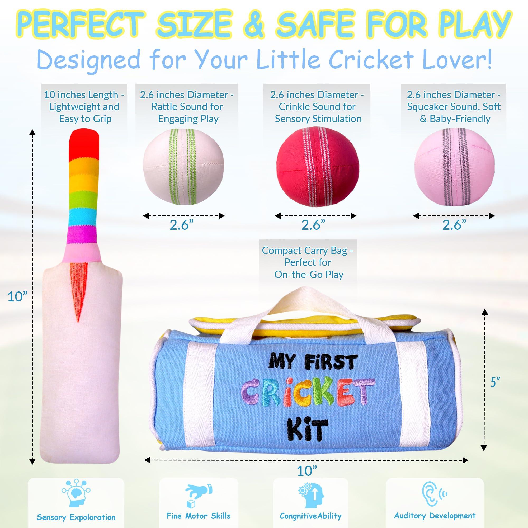 CRICBABY CRICBABY My First Cricket Kit | Organic Soft Plush Toy | Gift Baby and Infant 0-2 Years | 3 Soft Sensory Cricket Balls-Rattle, Crinkle, Squeaker & 1 Rainbow Rattle Cricket Bat | Safe, Fun, Educational