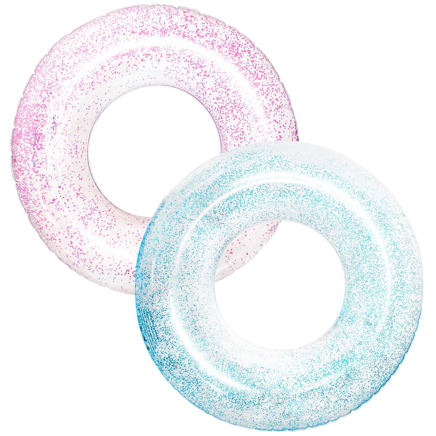 Polita Polita Pool Float, Pool Floats Kids Summer Glitter Pool Tube with Confetti,Tube Pool Toys Beach Party, Transparent Inflatable Floating Tubes for Adults and Kids (Pink+Blue)
