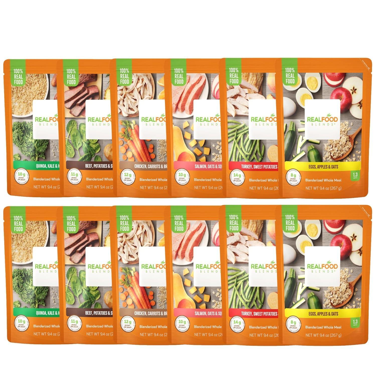 REAL FOOD BLENDS Real Food Blends Variety Pack - Pureed Food Meals for Tube Feeding with Protein, Vegetables & Fruits - 320340 Calories Per Pouch for Lunch & Dinner - 9.4 oz (Pack of 12)