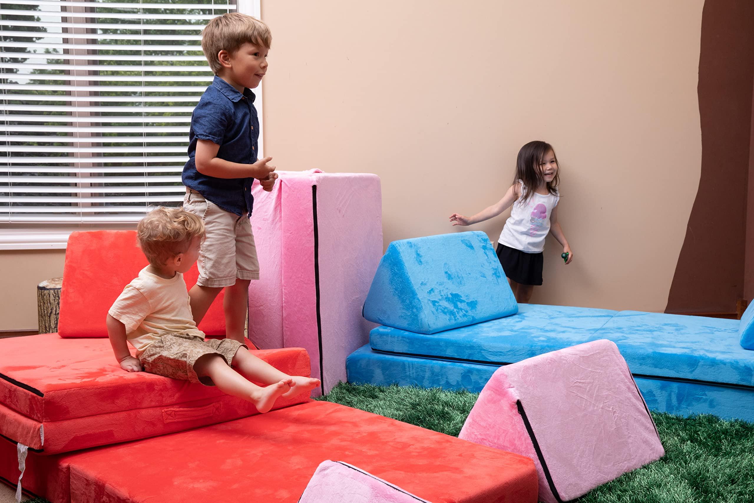 JOEY CO. Kids Foam Play Couch 6PCS, Modular Floor Sofa for Kids and Adults, Playhouse Play Set for Toddlers (32\" x 66\" x 22.25\") (Cherry - Cuddle Fur)