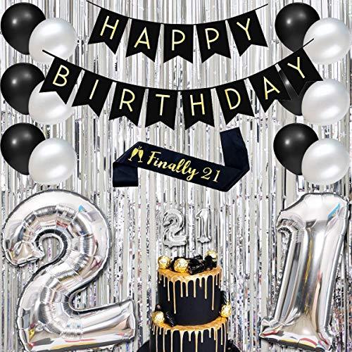 JOYMEMO 21st Birthday Decorations for Him Her Silver and Black with Happy Birthday Banner, Finally 21 Sash, 21st Birthday Cake Topper, Number 21 Foil Balloon,Foil Curtain, Finally Legal 21st Birthday Party