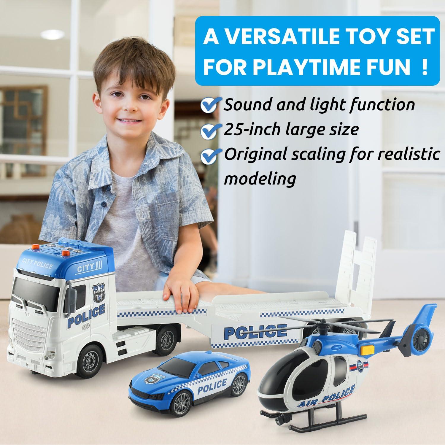CSDCSD CSDCSD 25.6\'\' Large Police Car Toy and Semi Truck Toy with Racing Car and Helicopter - Police Toys,Birthday Gifts for Kids Child 3 4 5 6 Years Old