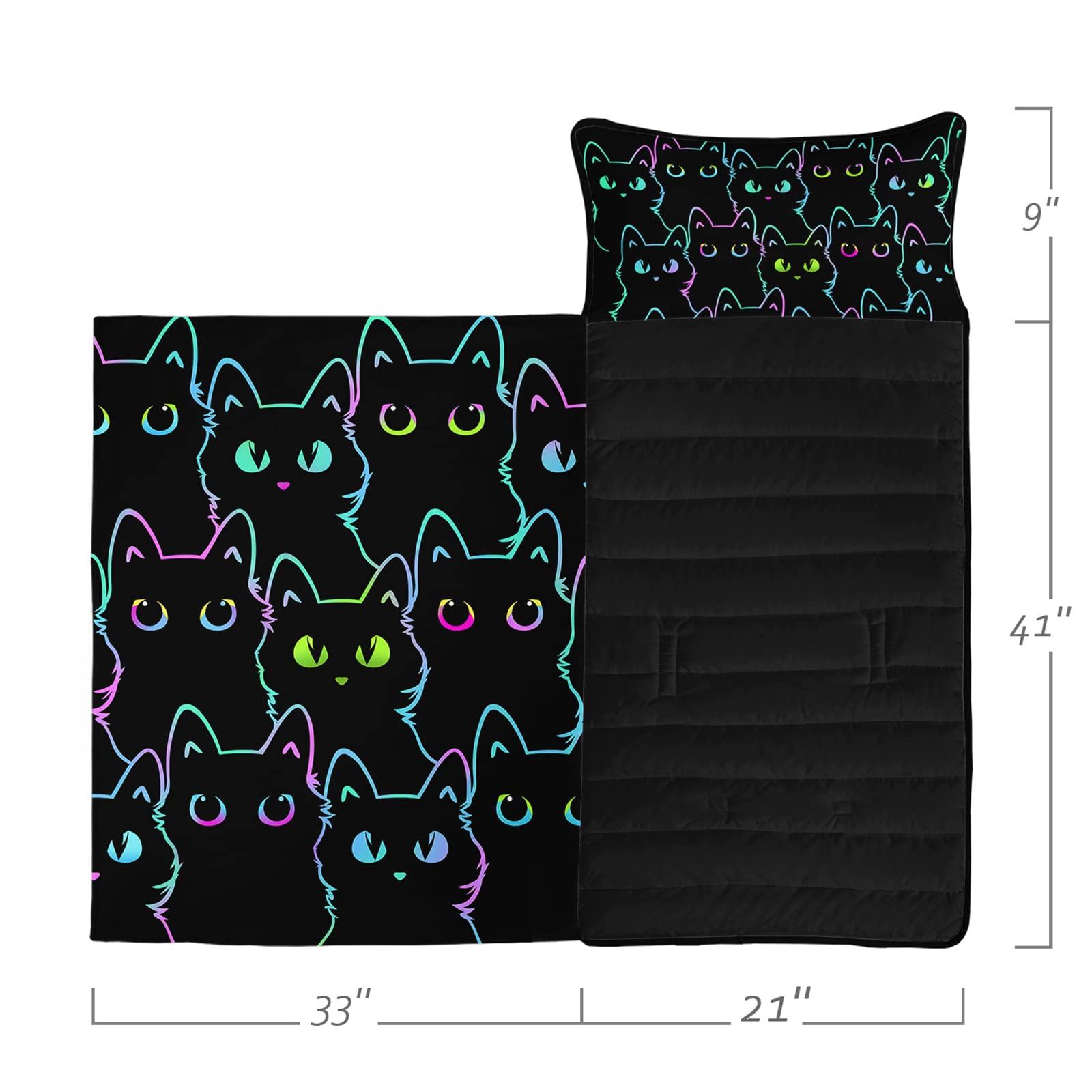 Axolotl Axolotl Neon Cat Nap Mat with Removable Pillow and Lightweight Quilt Cover,Colorful Silhouette Cat Sleeping Mat for Travel,Roll Up Sleeping Bag,Soft Slumber Bag for Boys Girls,Black 60\" L*21\" W