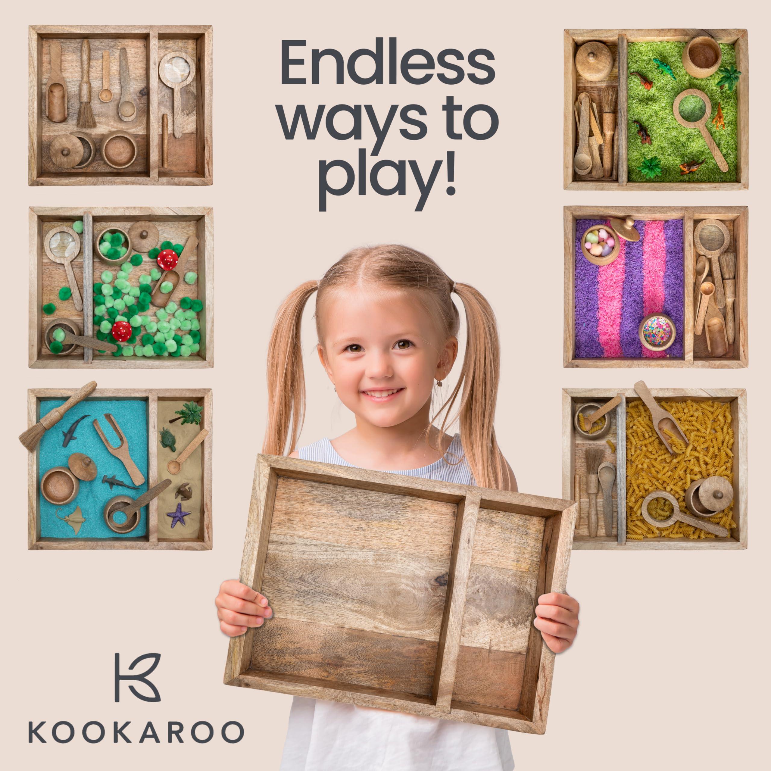 KOOKAROO KOOKAROO Sensory Play Bin - 9 Montessori Sensory Bin Tools + 1 Sensory Box - Sensory Table Toys - Waldorf Toys - Natural Play - Wooden Scoops - Toddler Sensory Toys - Sensory Bins for Toddlers 3-4