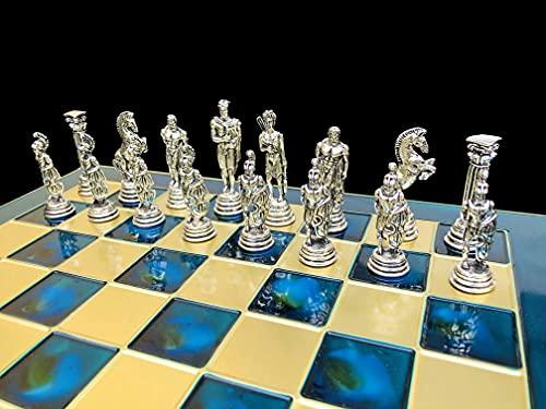 The Chess Empire The Chess Empire --Greek Warrior Complete Metal Weighted Luxury Chess Set with 32 x 32 cm Turquoise Oxidation Chess Board with Chess Pieces-Luxury Metal Unique Chess Set