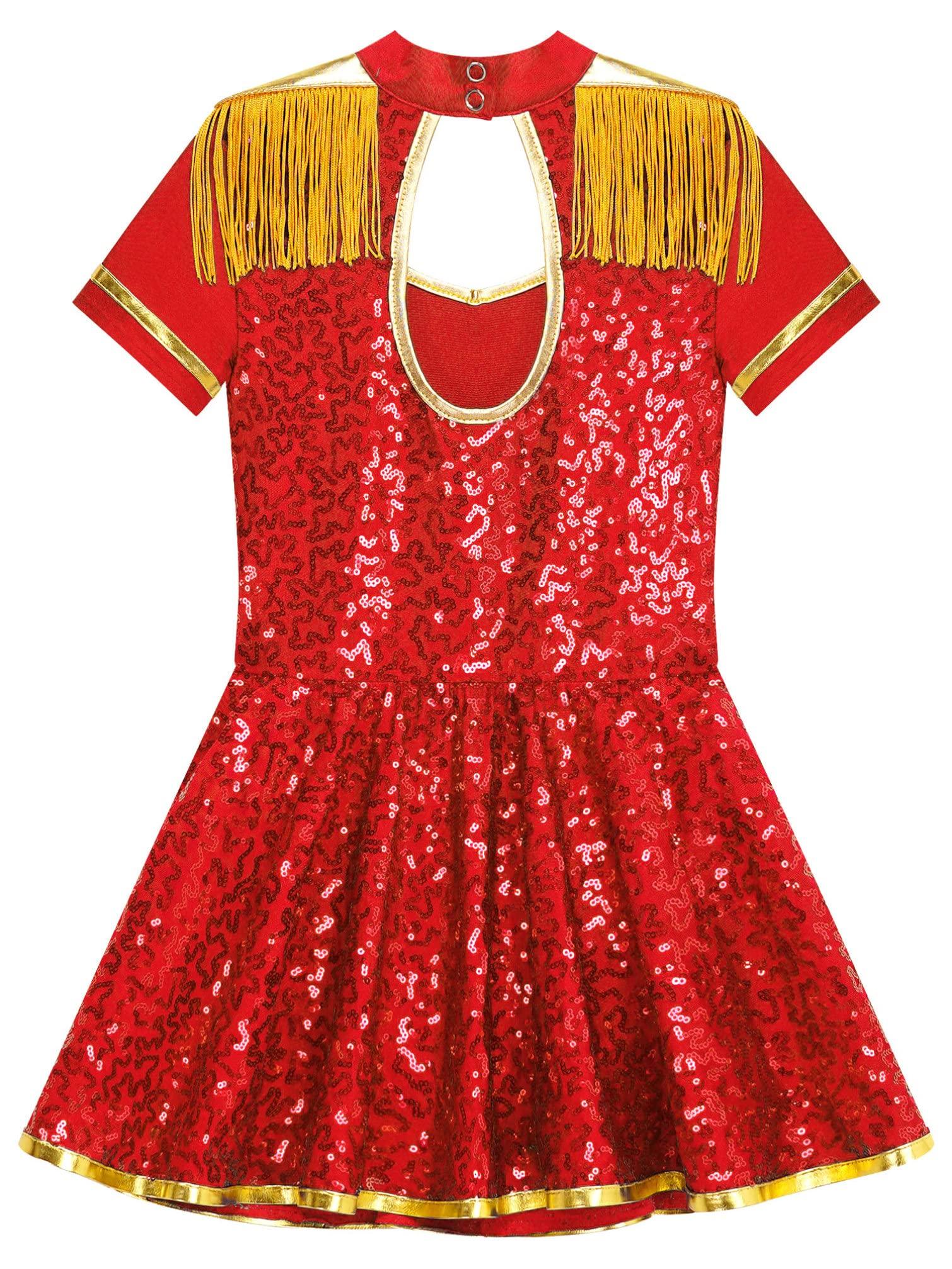 Jugaoge Jugaoge Girls Majorette Costume Shiny Sequin Marching Band Uniform Carnival Party Performance Leotard Dress Red 12 Years