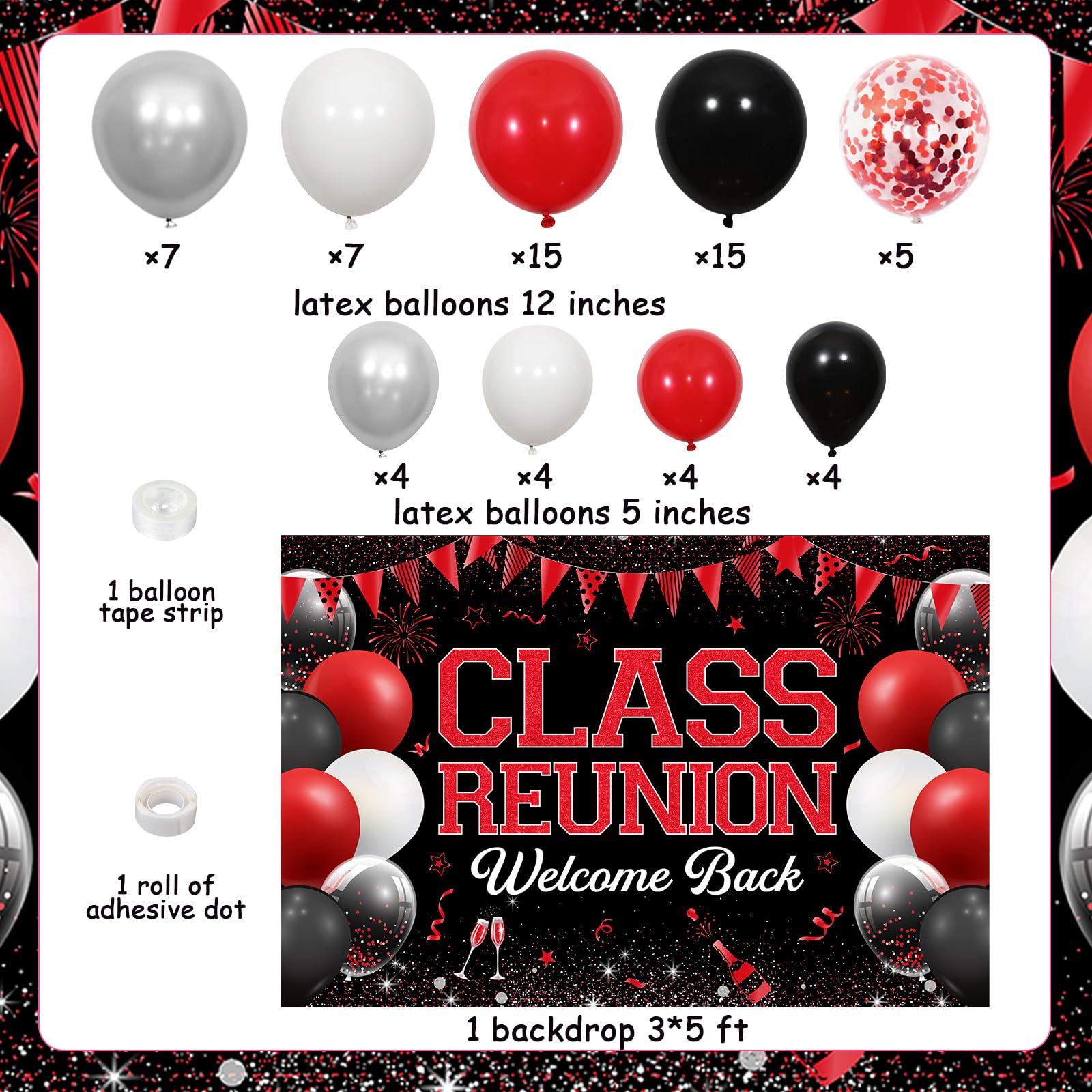 JOYMEMO Class Reunion Party Decorations - Red and Black Balloon Garland Arch Kit with Welcome Back Class Reunion Backdrop, High School Reunion Party Photography Background Supplies
