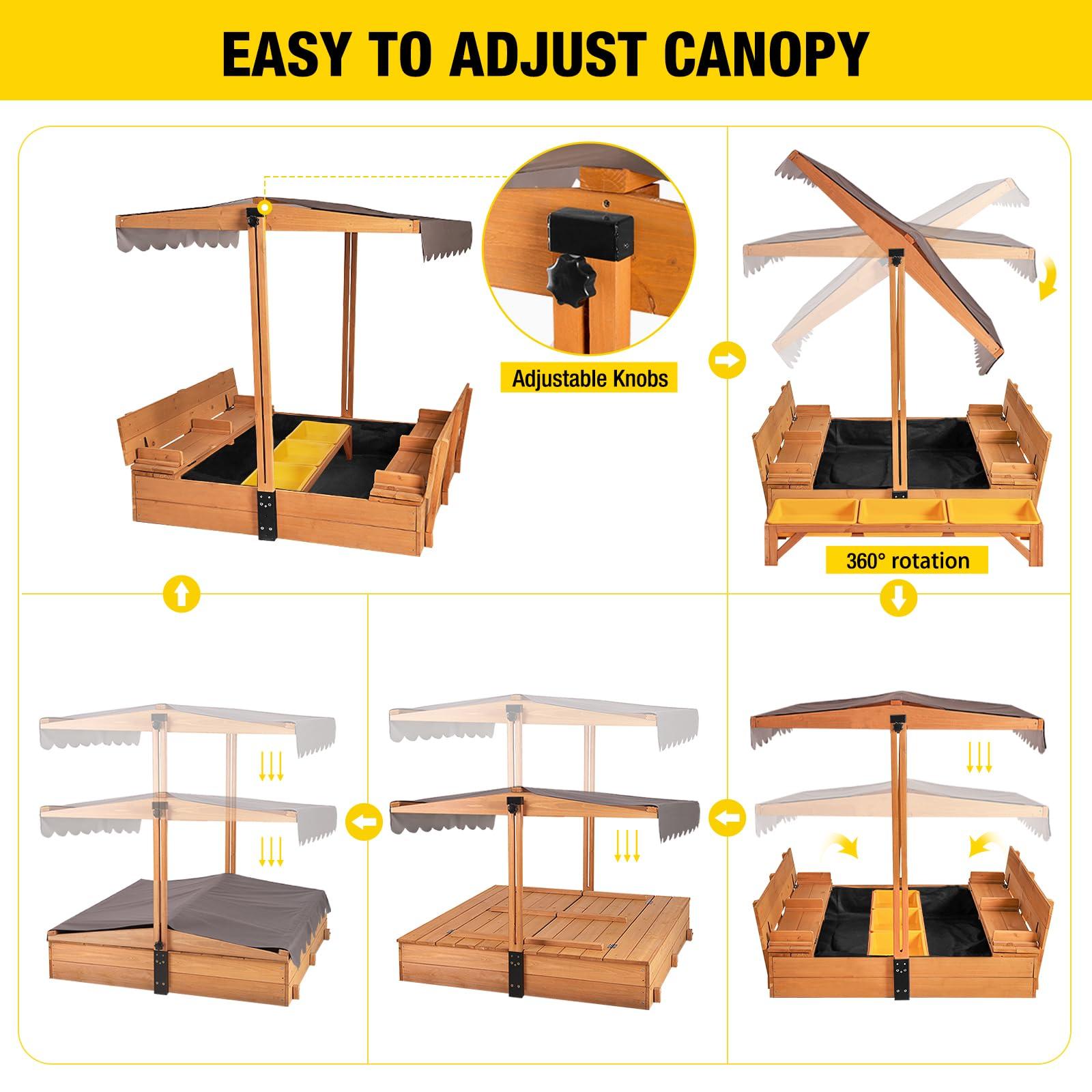 Aivituvin Wooden Sandbox with Cover | Large Sandpit for Kids Outdoor with Adjustable Canopy Backyard Play | w/Movable Toy Bins