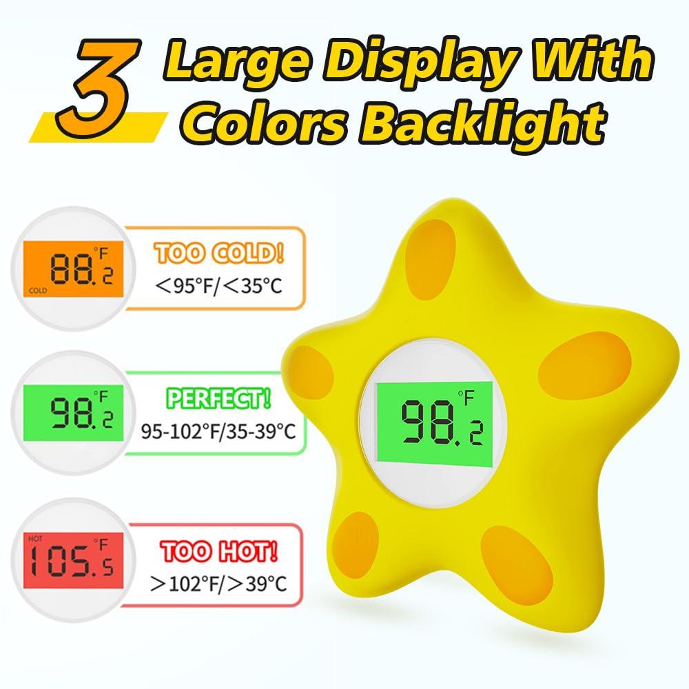 Miedecdel Baby Bath Thermometer, Infant Digital Water Thermometer Safety with 3 Color Backlit and Temperature Warning, Room Thermometer Floating Toy for Infant, Toddler, Bathtub, Swimming Pool (Yellow)