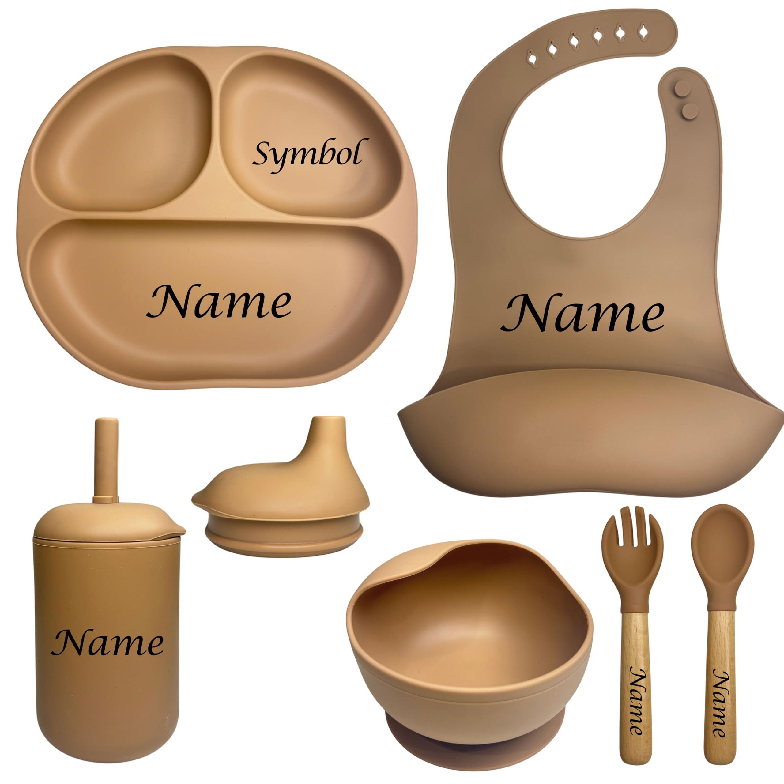 ToysCentral Basics Personalized Silicone Baby Weaning Set,Custom Weaning Set for Toddler,Baby Feeding SetSuction Plate Bowl Set, Self Feeding Spoons, Bib, Cup, Baby Led Weaning Supplies (Brown)