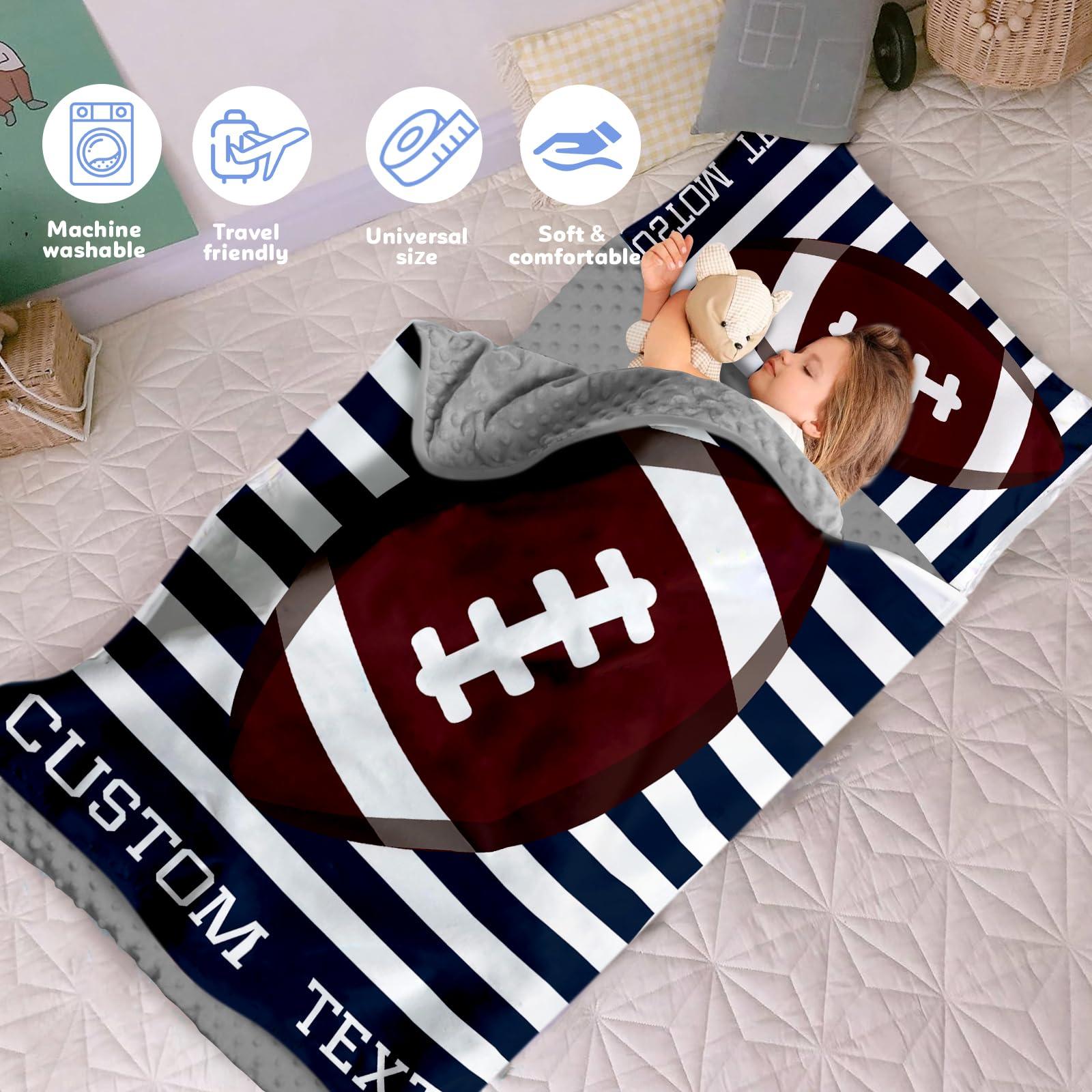 Evulum Custom Toddler Nap Mat for Daycare Sleeping Bag for Boys, Kids Nap Mats with Pillow Blanket for Preschool Kindergarten, Personalized Name Easy Carry Nap Sack Navy Stripe Football