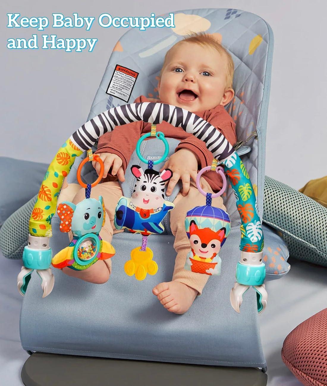 BATOHO Baby Stroller Arch Toy, Clip On Arch Mobile for Bassinet with Universal Clamps, Activity Toy Bar for Baby Bouncer Musical Crib Mobile Toys for Infants Baby Car Seat Toys Rattle Elephant Squeaker Zebra