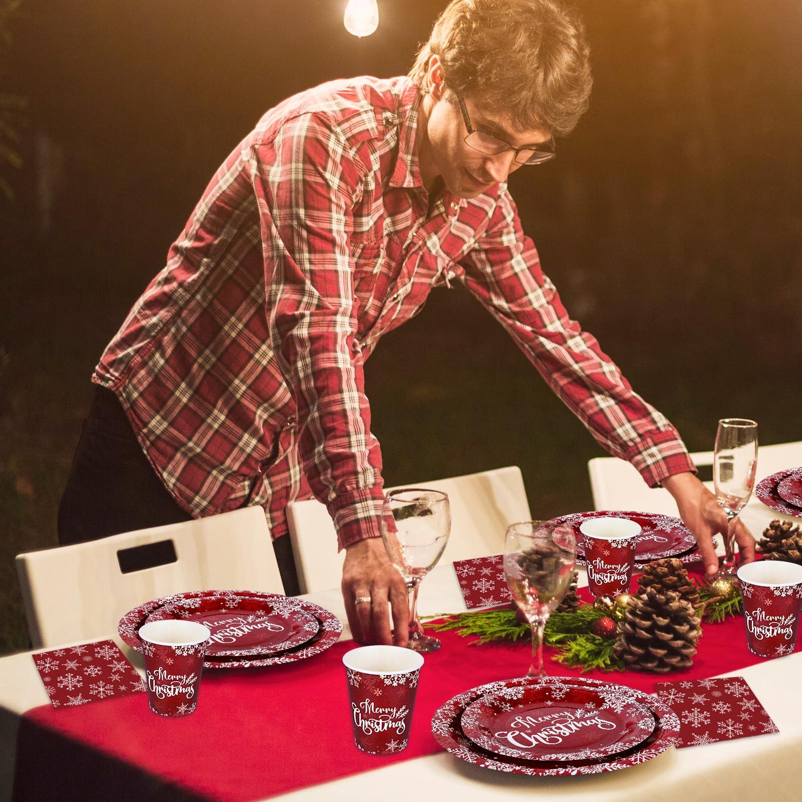 AnyDesign AnyDesign Christmas Paper Plates and Napkins 50Pcs Plates and 25Pcs Luncheon Napkins with 25Pcs Cups Red Xmas Winter Snowflake Disposable Dinner Tableware Set for Party Supply Table Decor