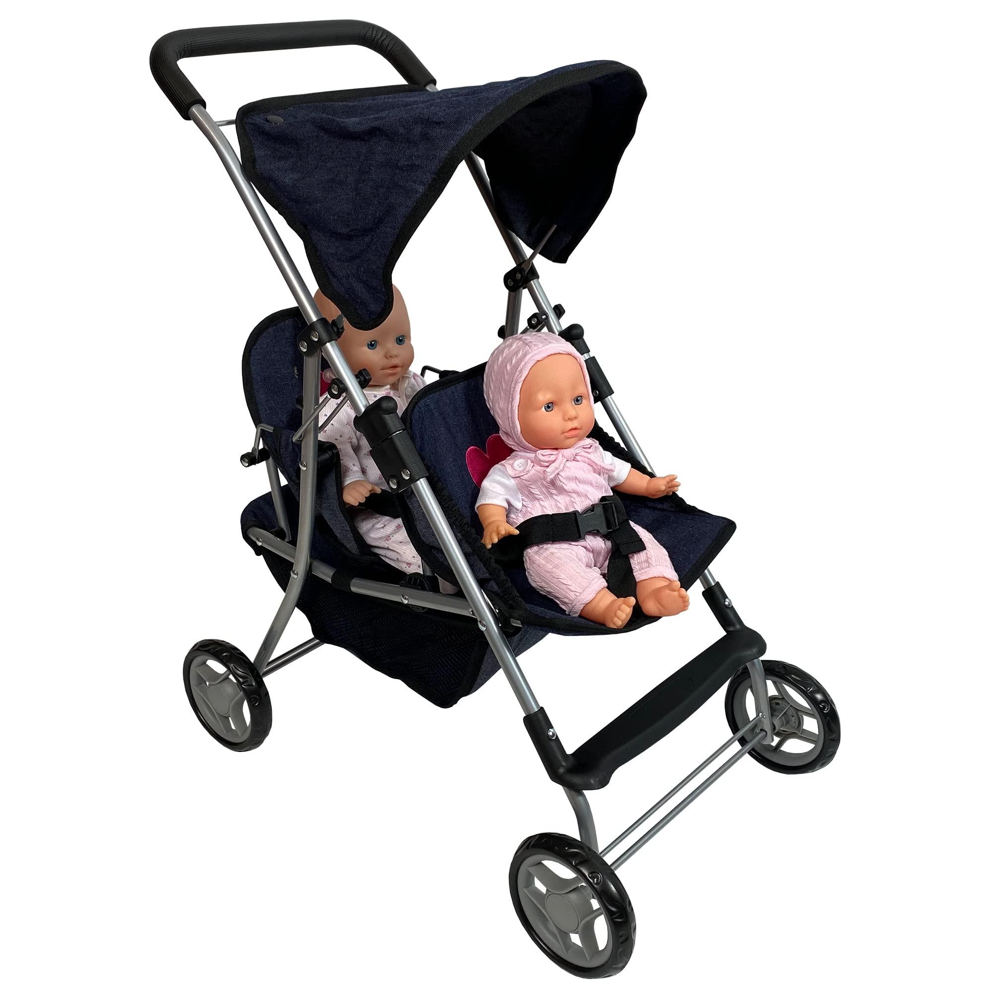 Double Baby Doll Stroller for Twin Dolls Toy Doll Stroller for Toddlers 4 Year Old 5 Year Old Girls 8 Year Old 25 Tandem Play Toy Stroller for Baby Dolls Denim Baby Stroller for Dolls