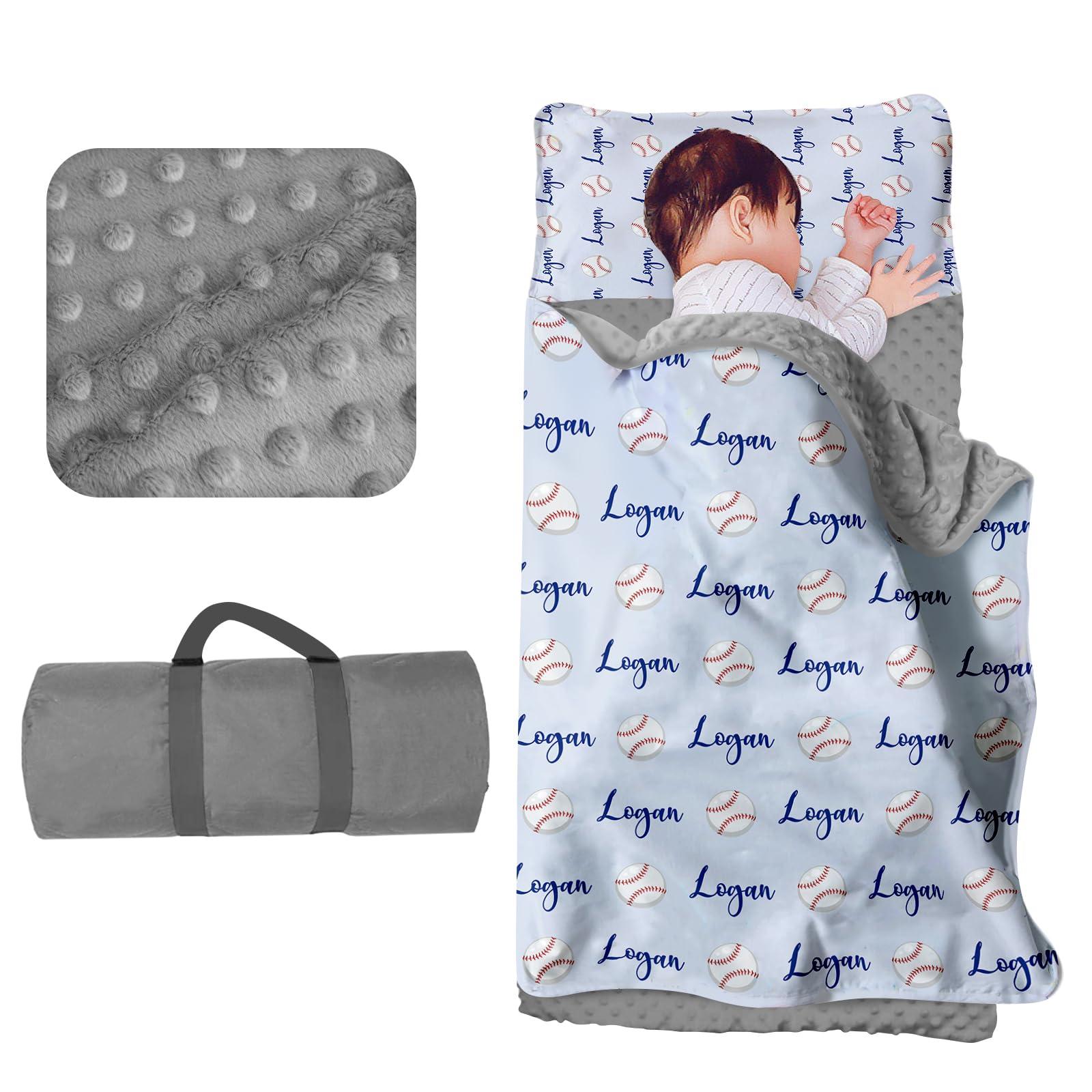 Evulum Custom Nap Mat for Daycare Toddler Boys - Sleeping Bag for Kids Nap Mats with Pillow Blanket for Preschool Kindergarten, Personalized Name Easy Carry Nap Sack Baby Blue Baseball