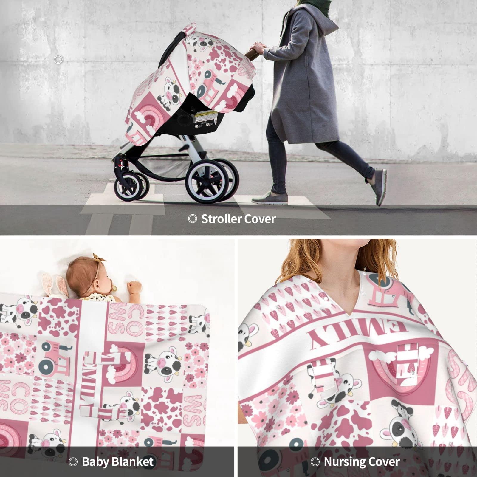 Noverbibi Personalized Baby Car Seat Canopy for Girls, Custom Name Baby Car Seats Covers for Babies, Opening Minky Nursing Breastfeeding Stroller Cover Infant Carseat Canopies for Newborn (Cute Cow Pink)