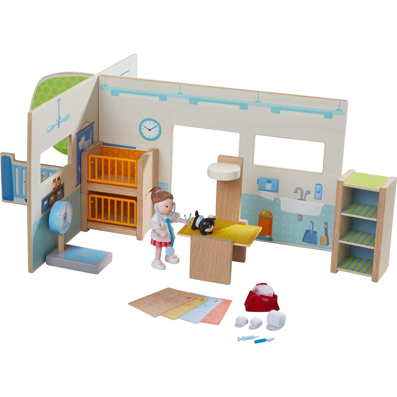 HABA HABA Little Friends Veterinary Clinic Play Set - 4 Detailed Rooms with 1 Vet Figure, Kitten, Kennels and Accessories
