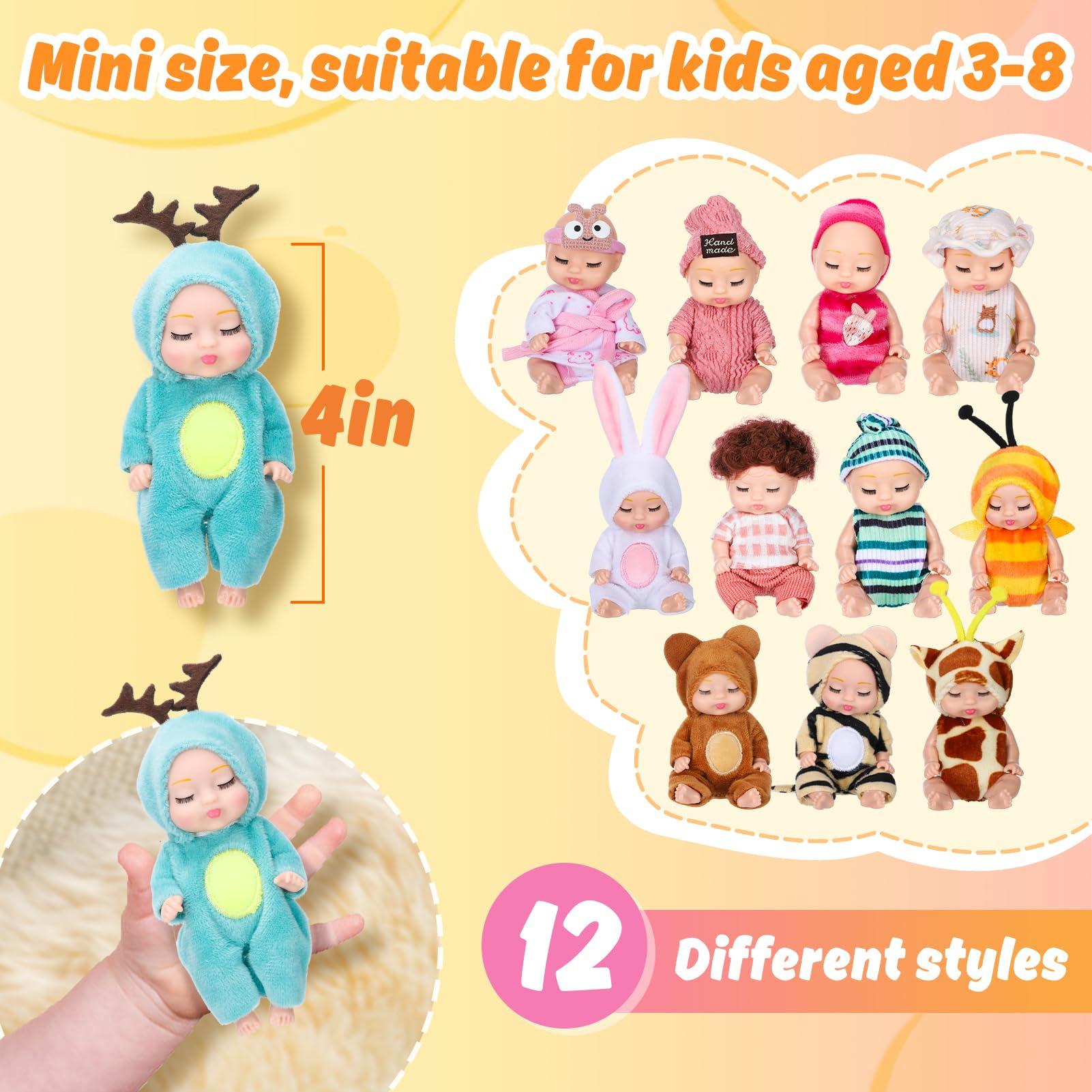 Biubee 4 Inch Mini Baby Dolls - Baby Dolls Toy Gift Set, Rotatable Joints, Lifelike Realistic Baby Doll Tiny Babies Girls Gifts for Granddaughter Kids Birthday Baby Shower, 12Pcs