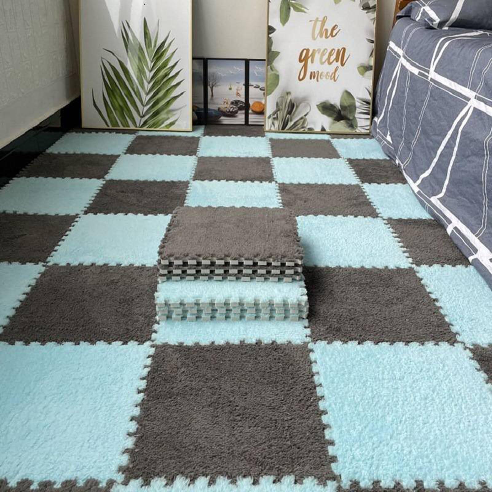 Generic 50pcs 1.0cm Thickened Plush Foam Floor Mats, Interlocking Foam Carpet Tiles, Puzzle Play Area Rugs Cuttable and Removable with Border(Size:30x30x1cm,Color:Gray + Sky Blue)