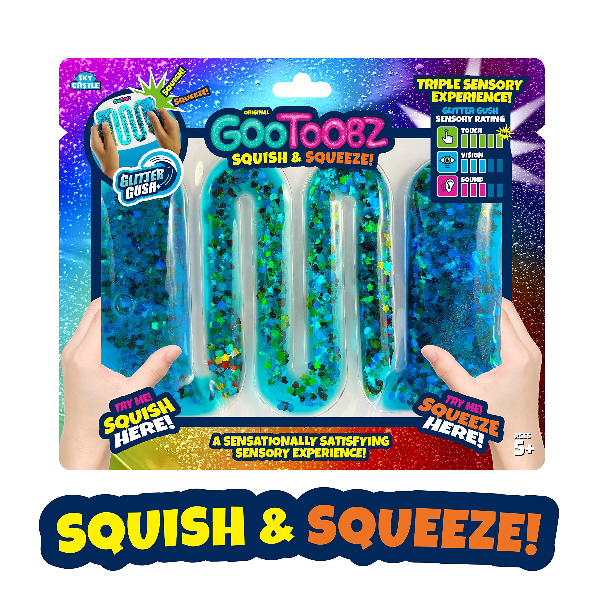 Sky Castle GooToobz Originals - Squishy Sensory Tubes - Filled with Colorful Goo, Glitter and Beads | Non-Toxic, Squeezable Fidget | Stress and Anxiety Relief - Triple Sensory Experience! (Glitter Gush Blue)