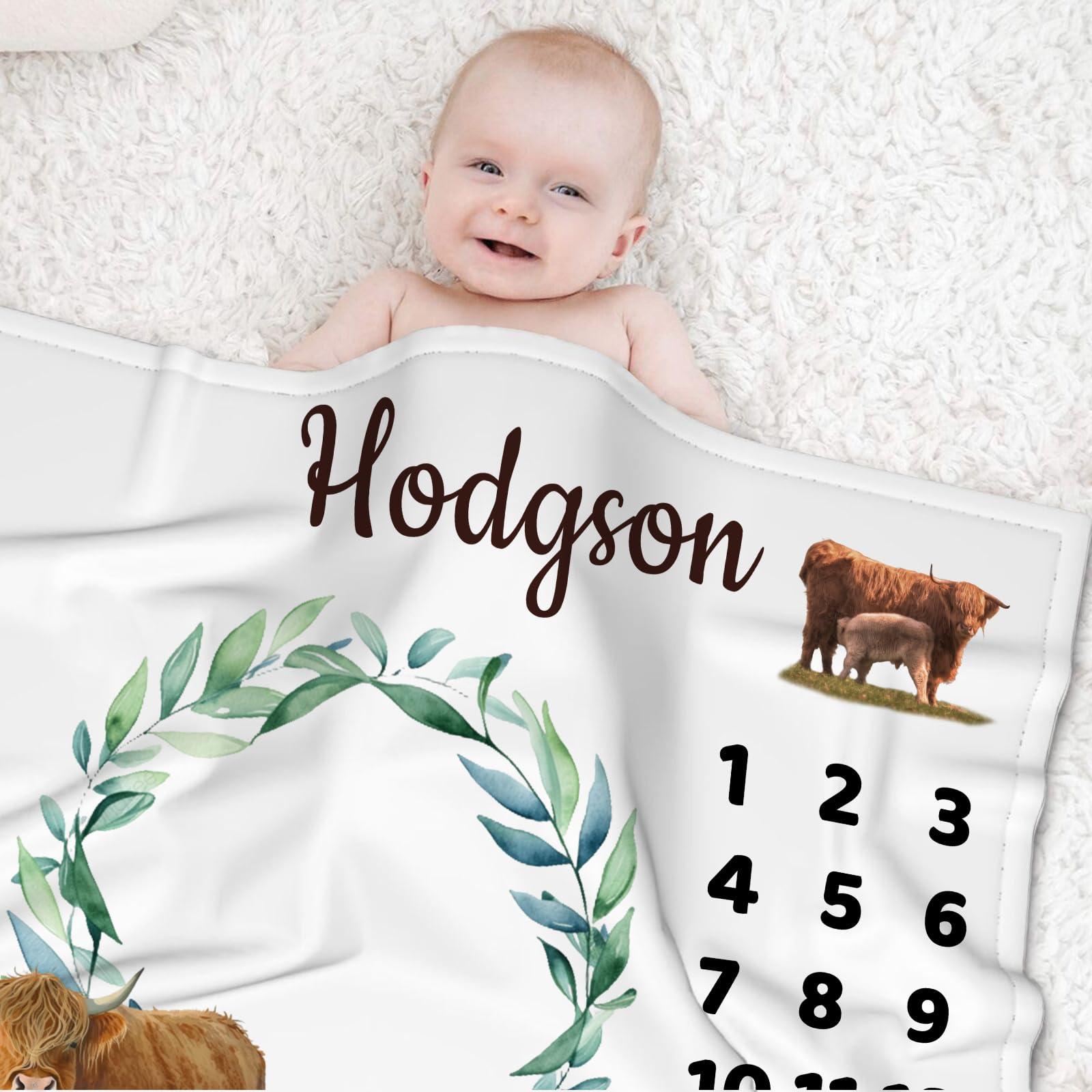 Naseagleeye Personalized Baby Milestone Blanket for Boys, Custom Newborn Baby Boy Blanket with Name, High Land Cow Baby Milestone Monthly Blanket for Shower Gift, Monthly Baby Milestone Blanket